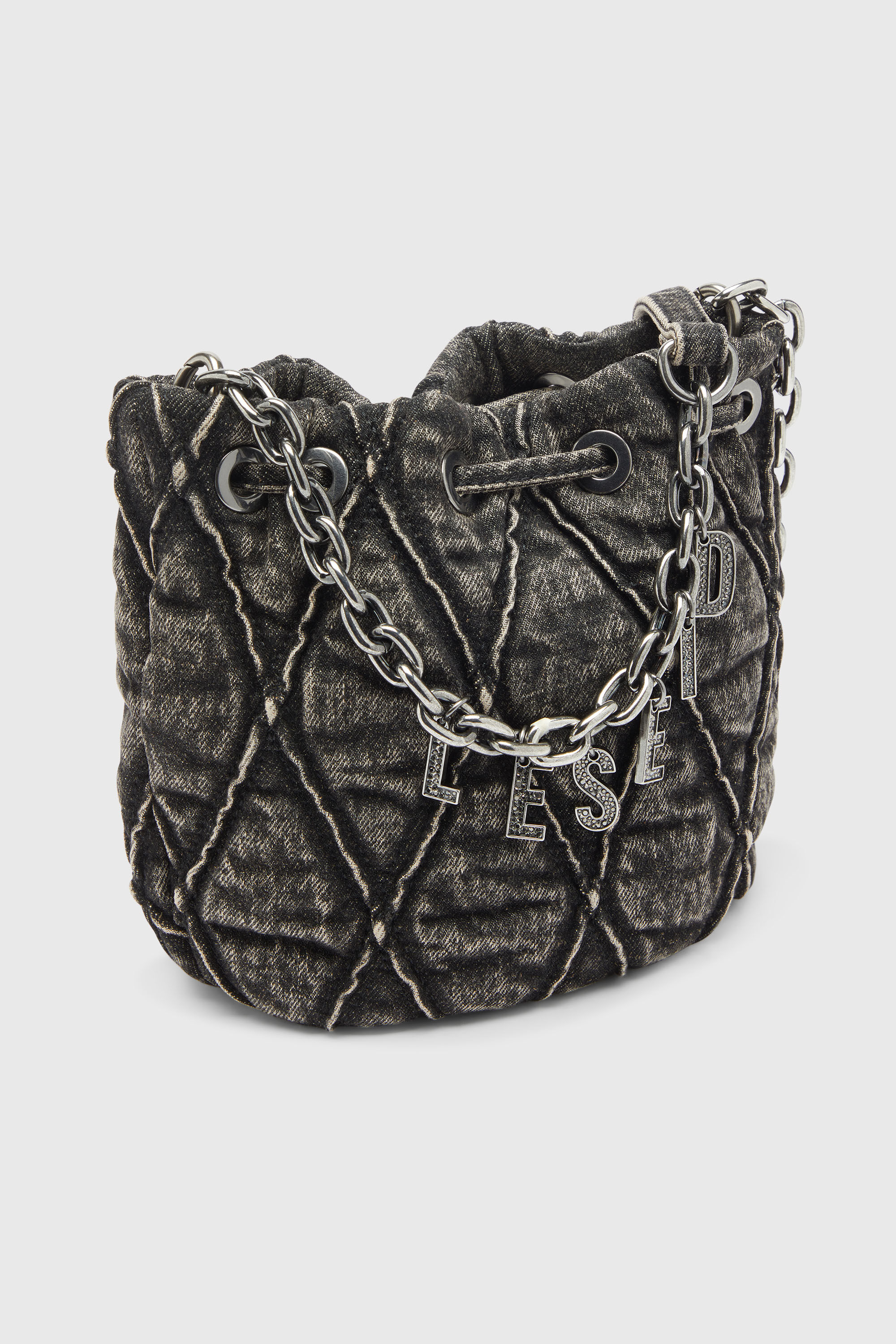 DIESEL デニム キルティング ショルダーバッググレー Women's Charm-D - Bucket bag in acid-wash quilted denim | Grey