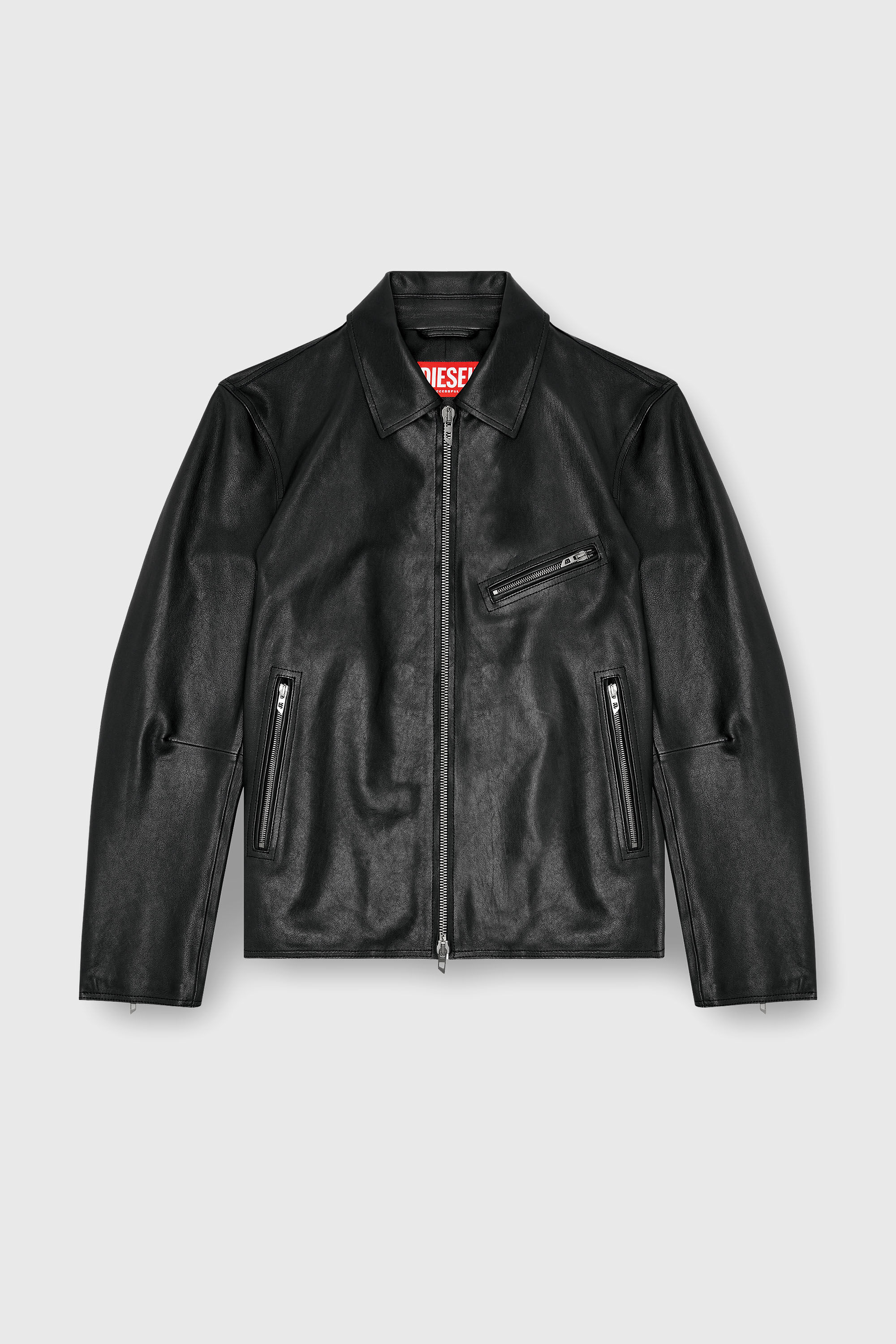 Men's Leather jacket with embossed Oval D | Black | Diesel CA