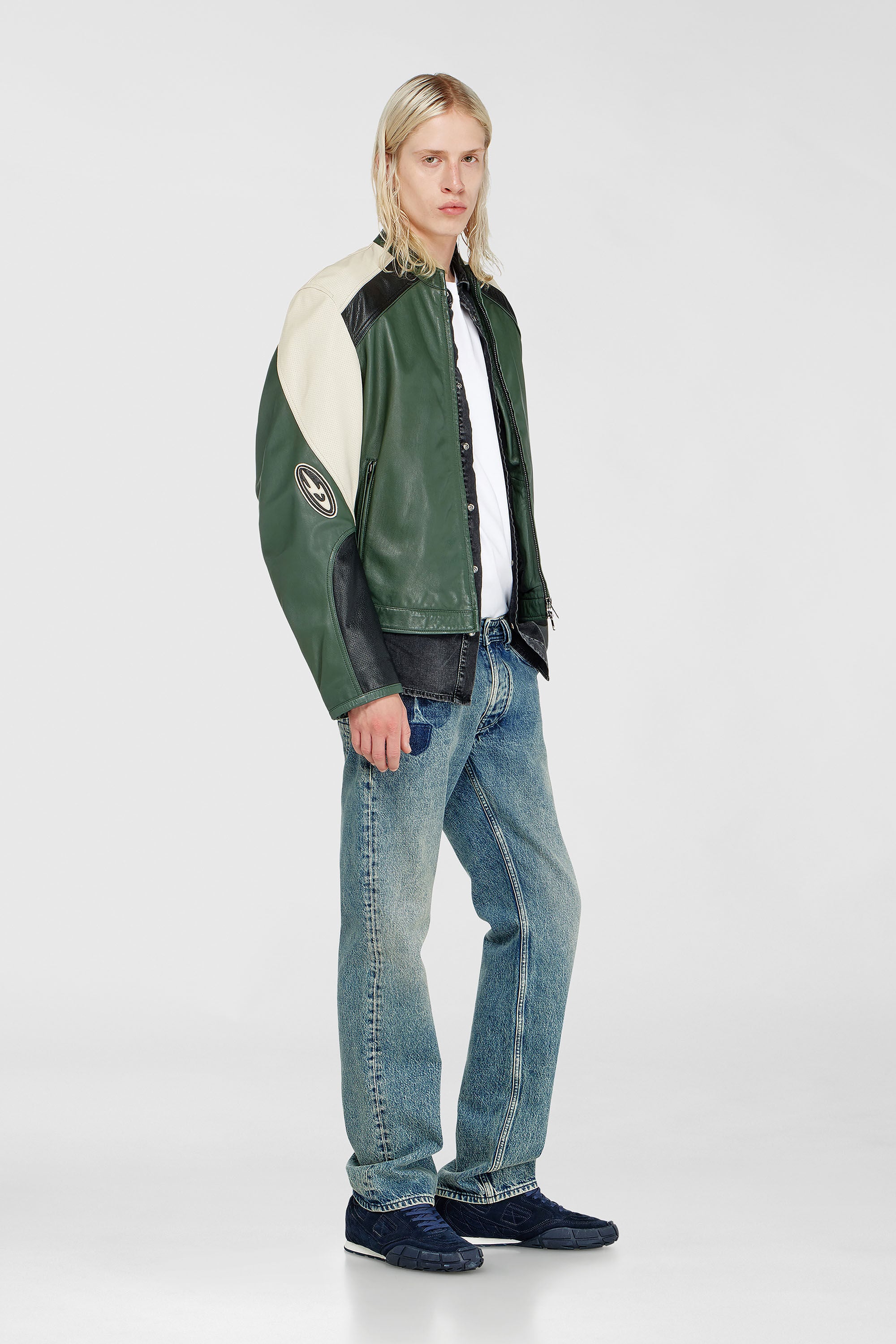 Diesel - L-AHTI, Male's Biker jacket in colour-block perforated leather in Beige/Black - 1