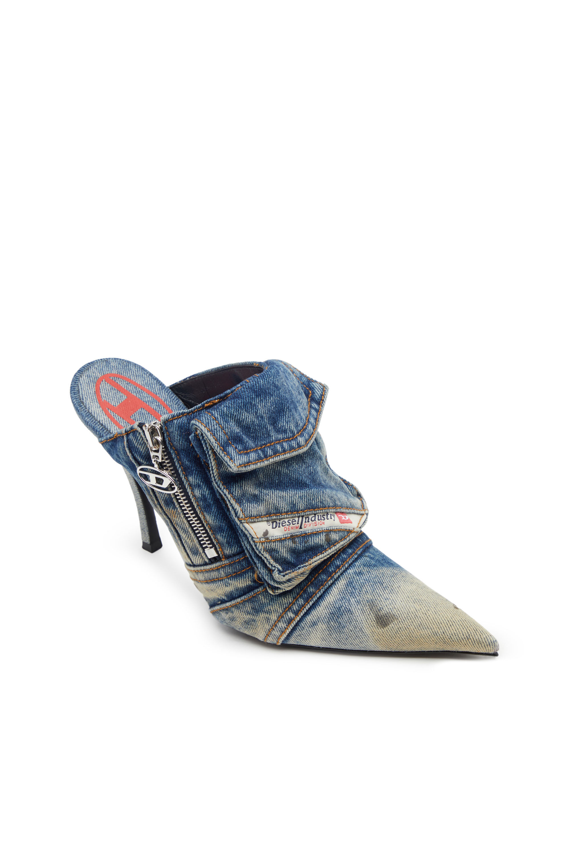 Diesel - D-VENUS POCKET ML, Female's D-Venus Pocket ML - Heeled mules in washed denim in Blue - 4