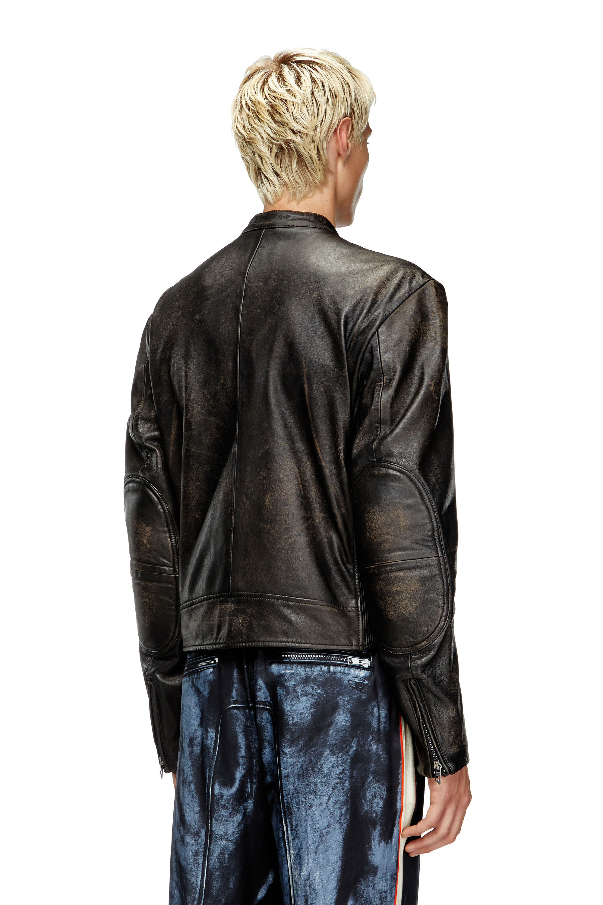 Diesel - L-AROSS, Male's Distressed leather biker jacket in Brown - 5
