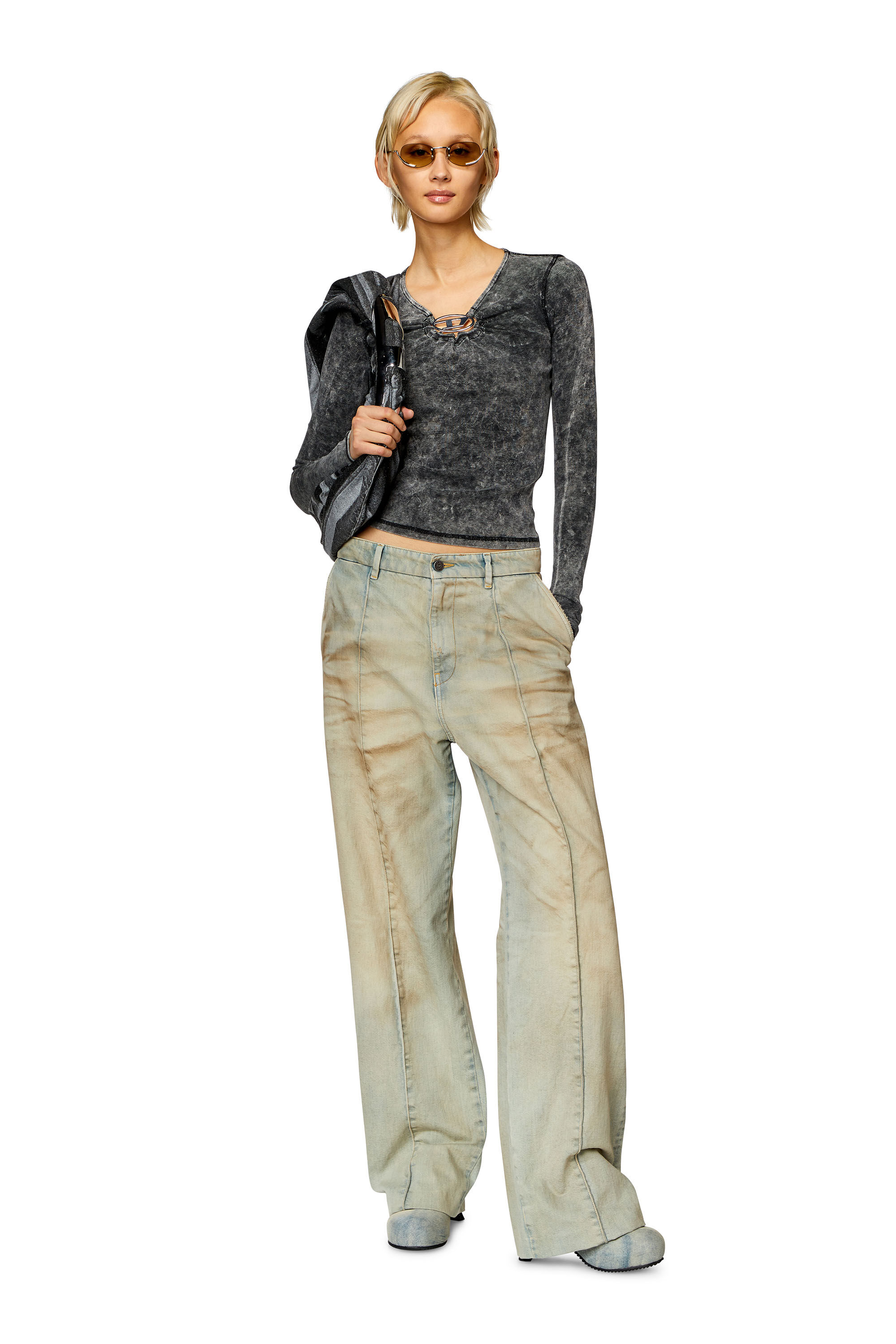 Diesel - T-RESPEC-LS, Woman's Ribbed top with oval D plaque in Dark grey - 1