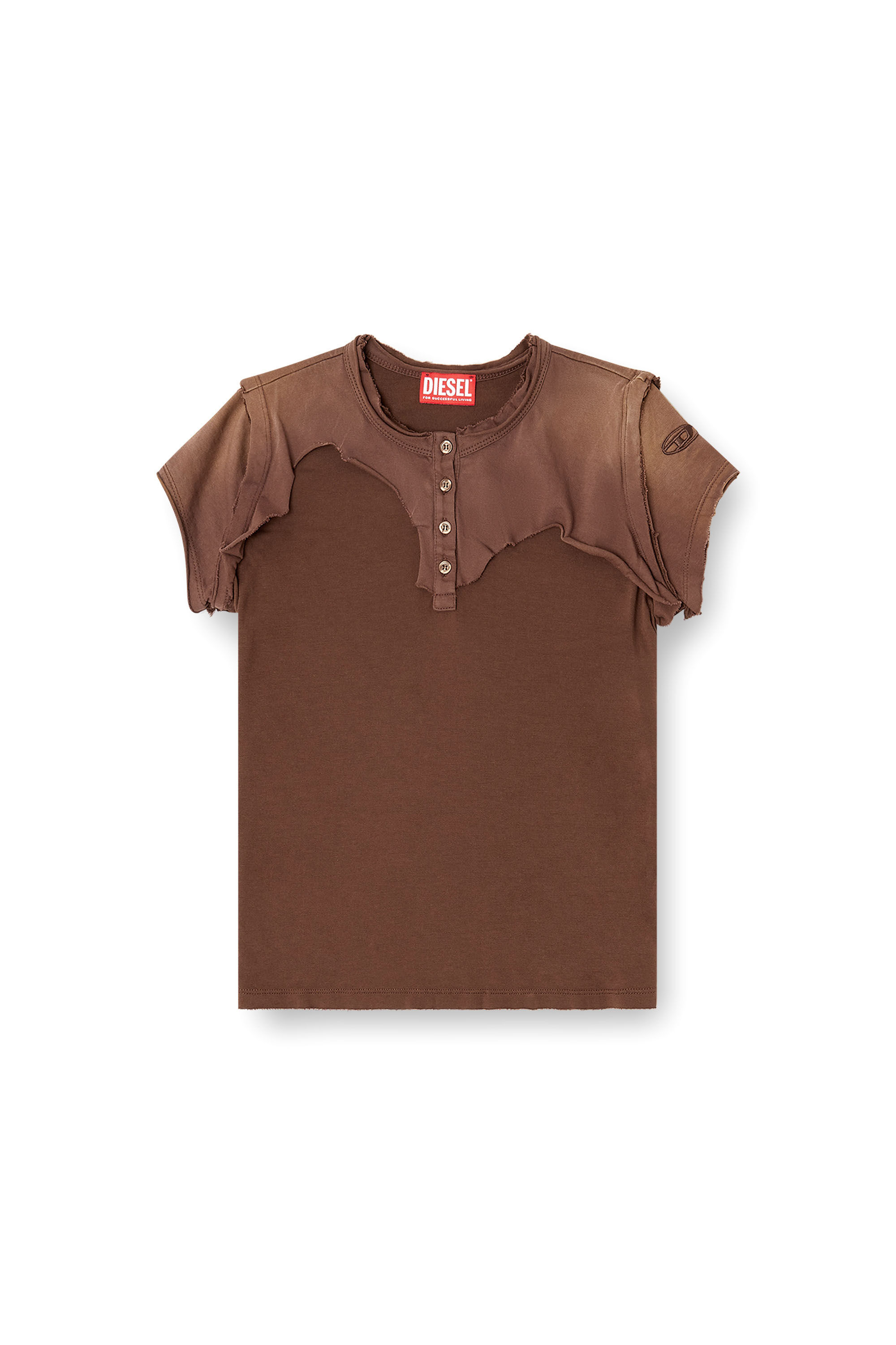 Diesel - T-UNRAWY, Female's Henley T-shirt with peel-off effect in Brown - 2