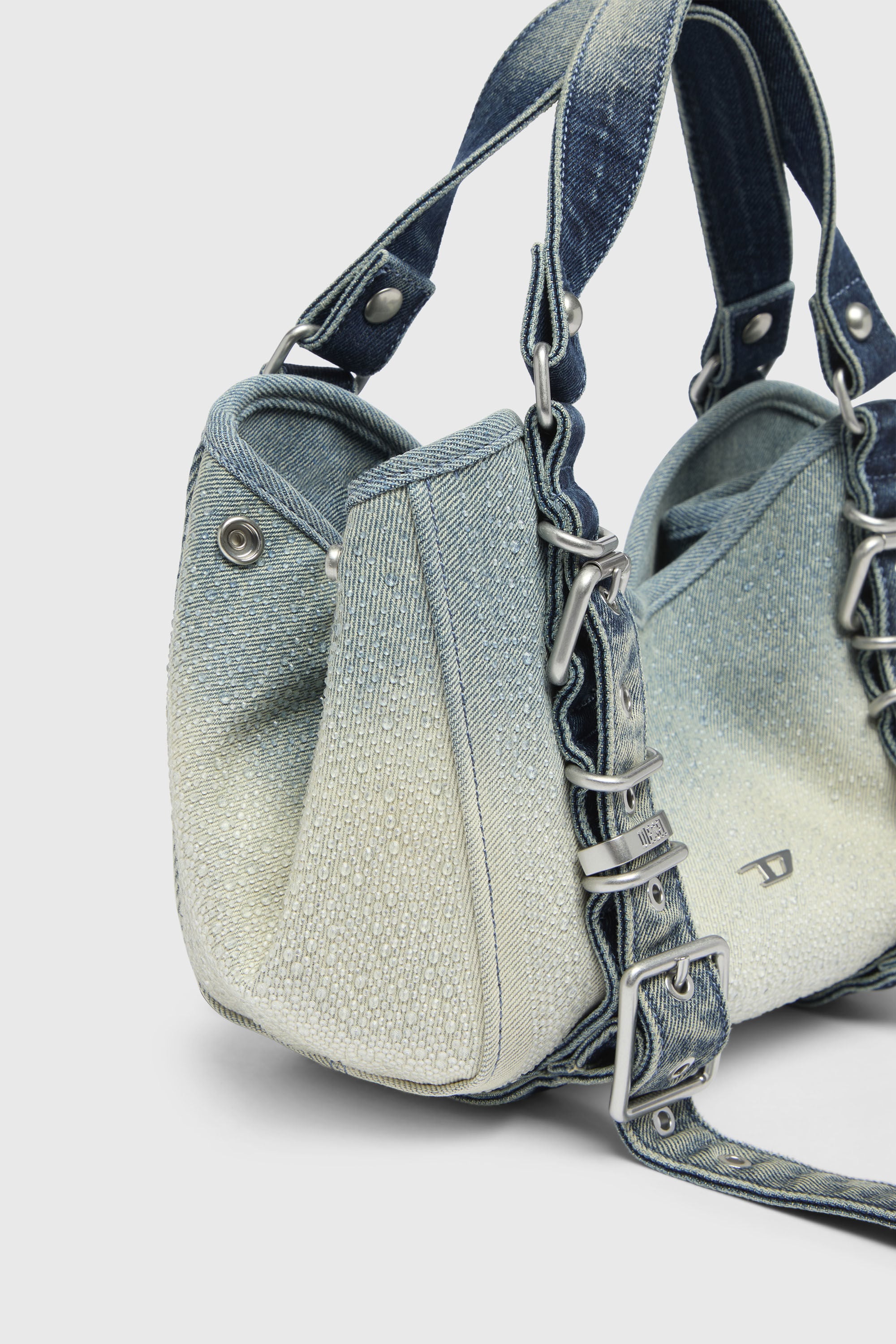 Diesel - D-ONE TOPHANDLE S, D-One-Bolso small con asa superior de denim solarizado con cristales Mujer in Azul marino - 5