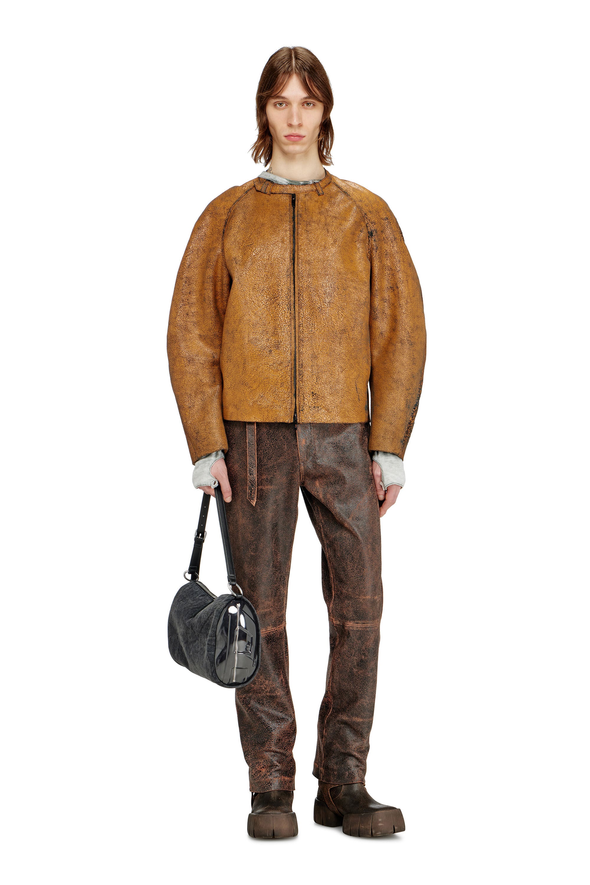 Men's Cracked-leather pants with biker strap detail | Brown