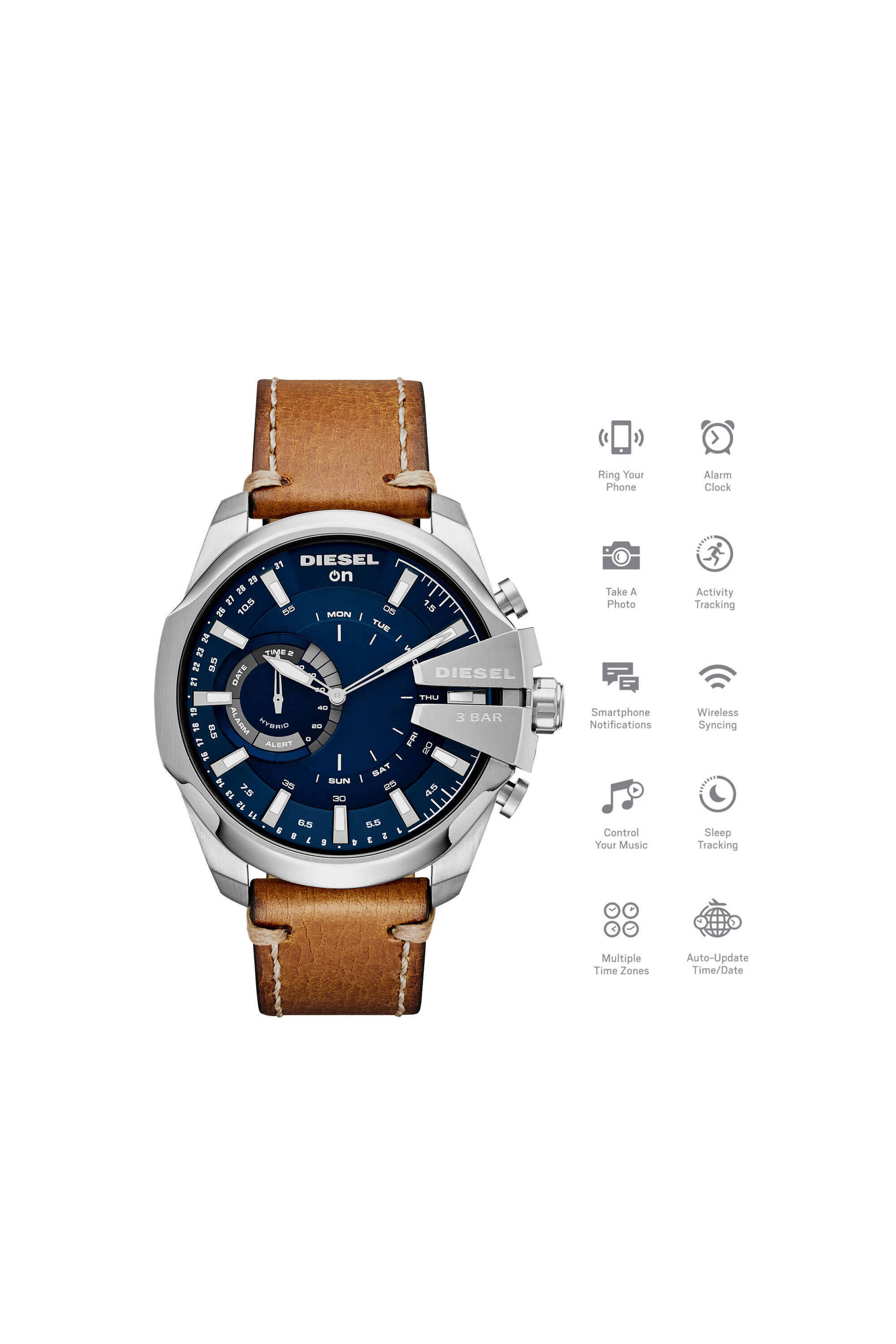 Diesel - DT1009, Man's Mega Chief Hybrid smartwatch with brown leather strap, 48 mm in Brown - 1