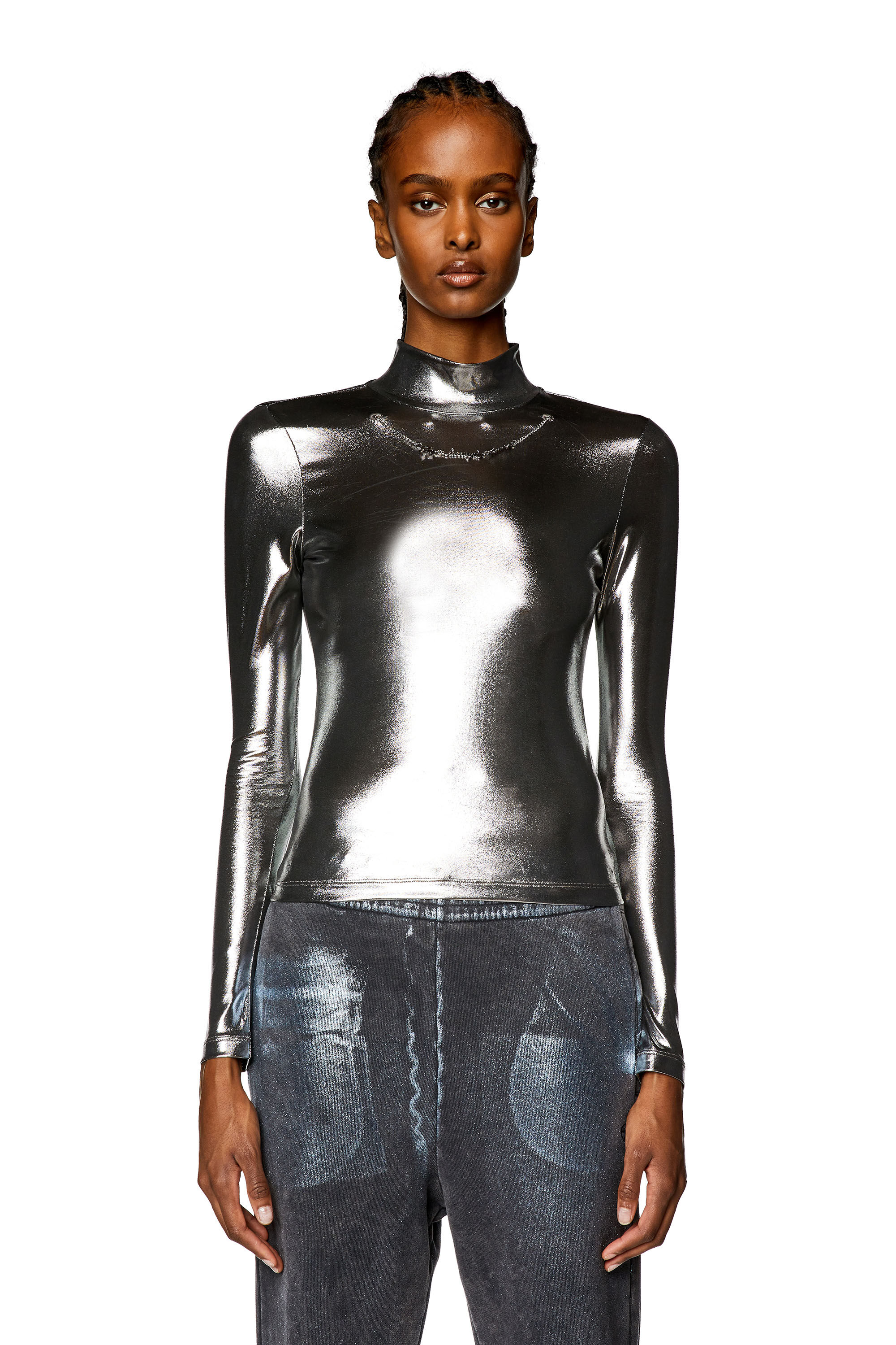 Diesel - T-META, Female's Metallic top with chain detail in Black - 6