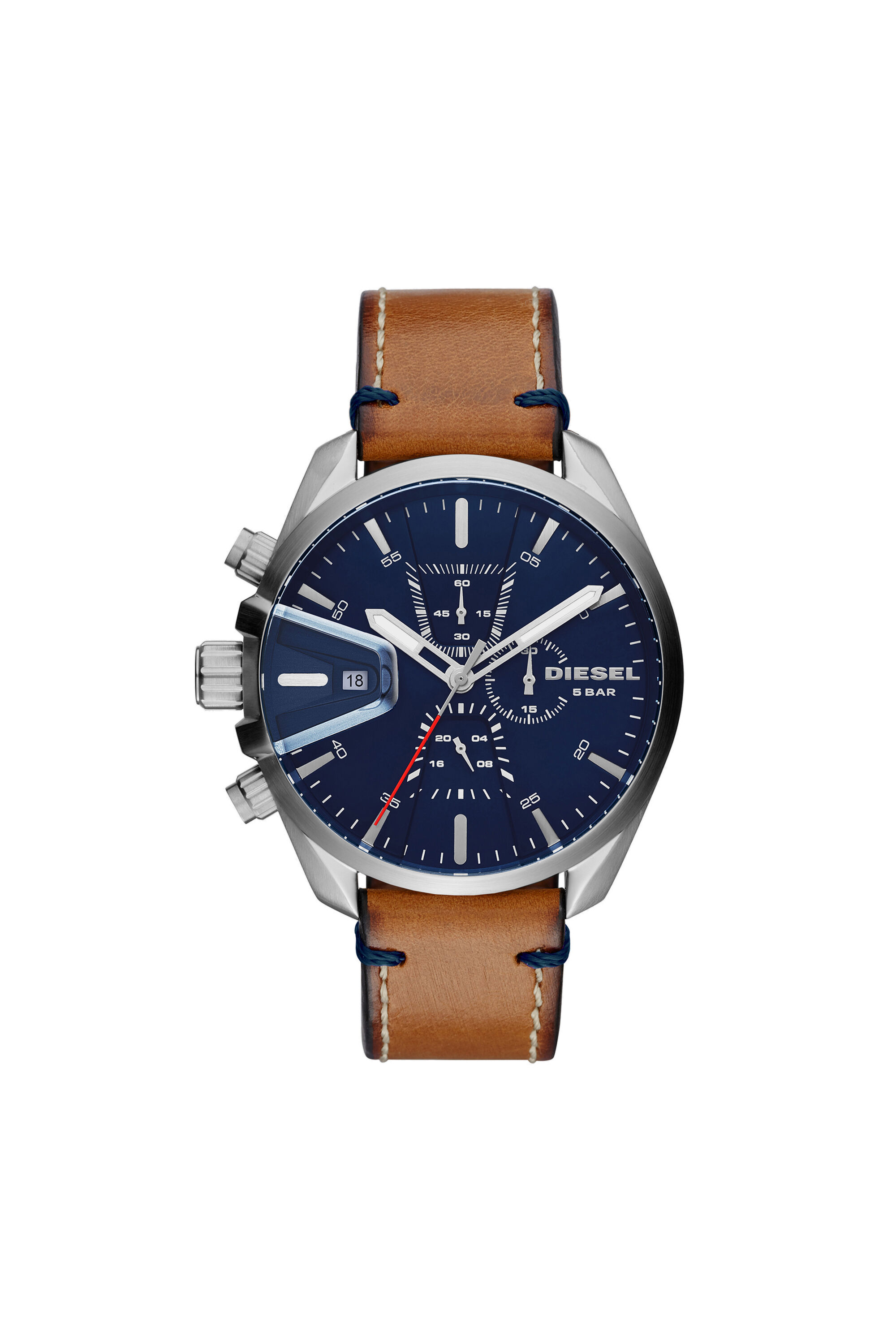 Diesel - DZ4470, Male's MS9 Chrono matte brown watch with blue dial, 47 mm in Brown Leather - 1