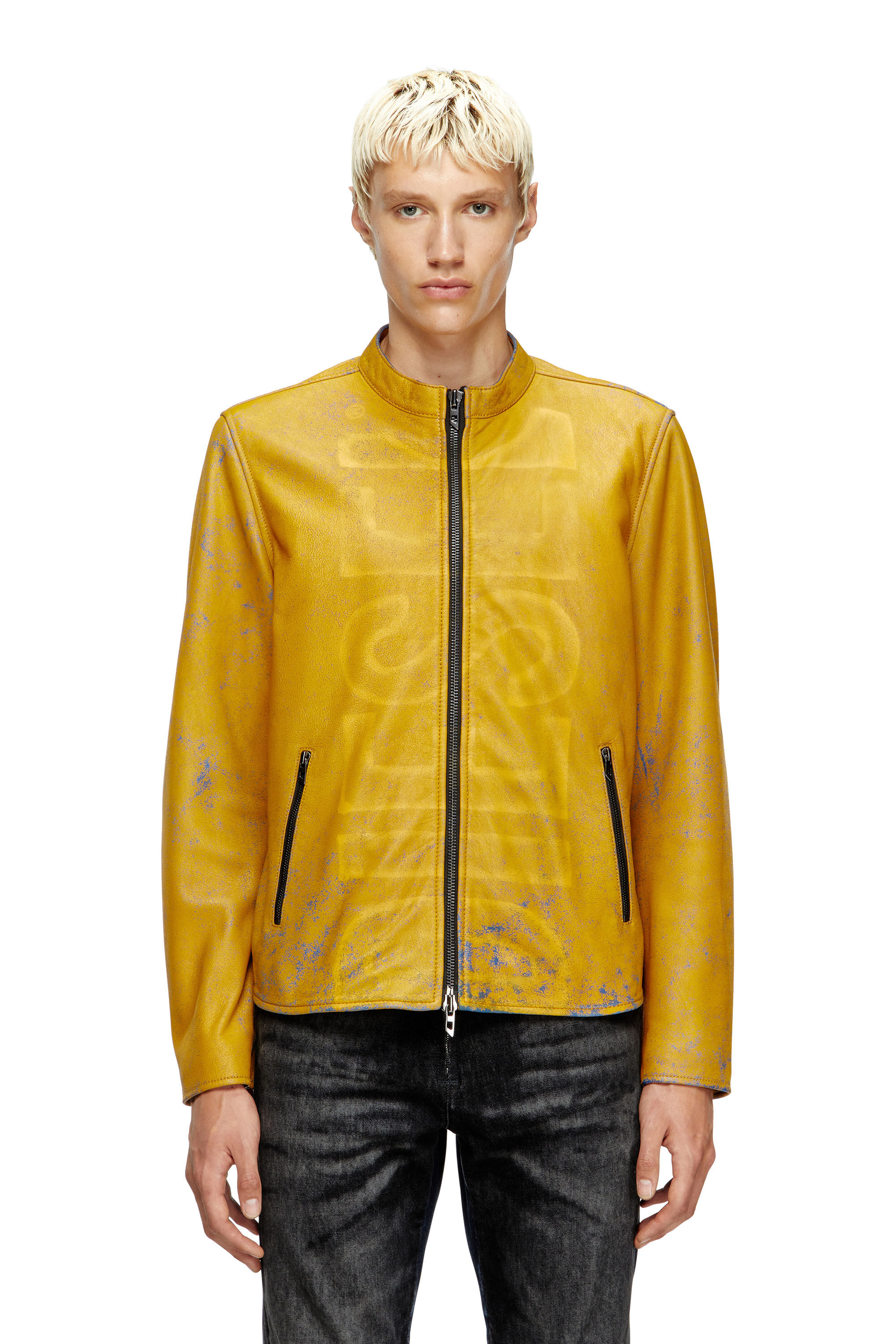 Men's Treated leather biker jacket with faded logo | Yellow | Diesel