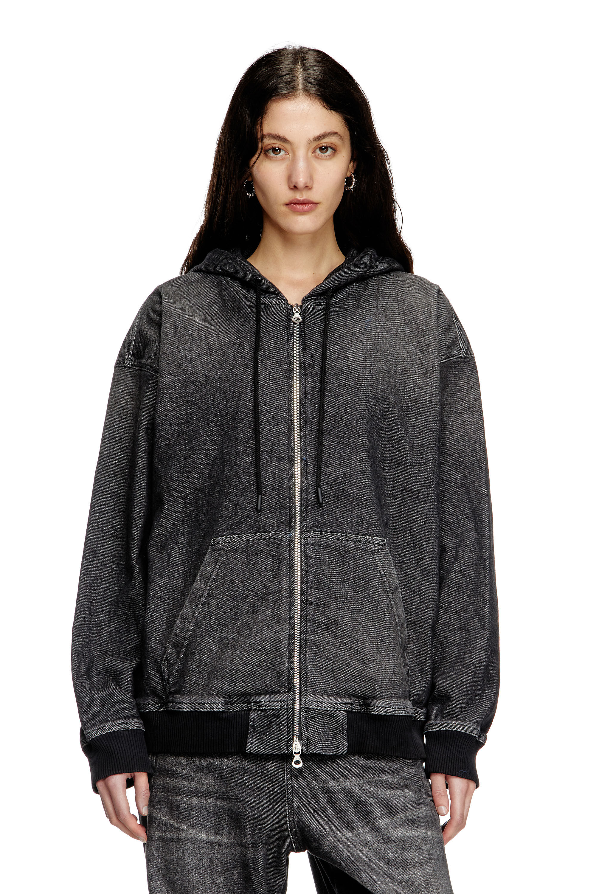 Women's Zipped hoodie in dirt-effect Track Denim | Black
