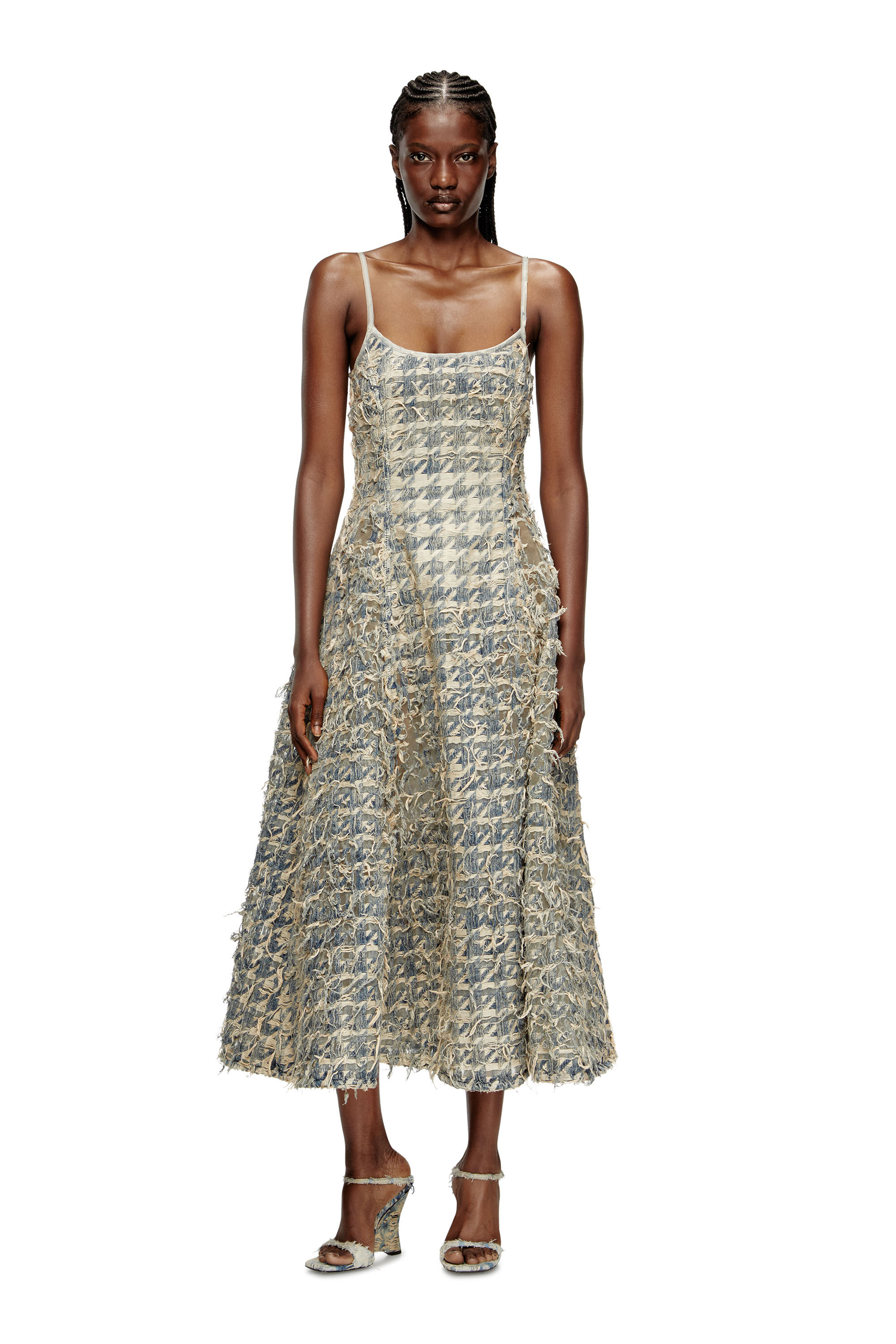 Diesel - DE-SWEENEY-LONG-FSH, Female's Long skirt in dévoré houndstooth denim in Light Blue - 1