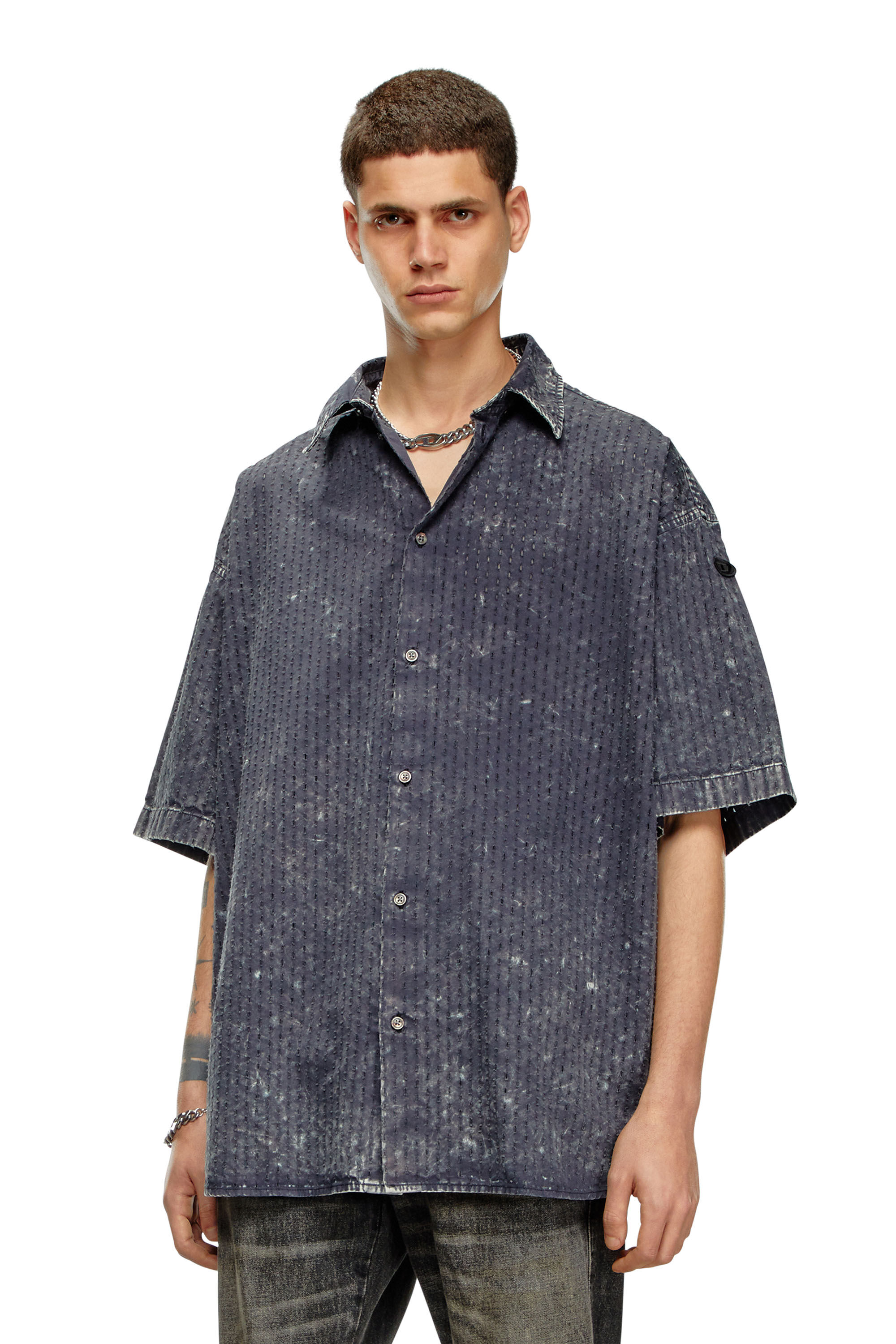 Diesel - S-LAZER, Male's Perforated acid-wash short-sleeve shirt in Dark Grey - 3