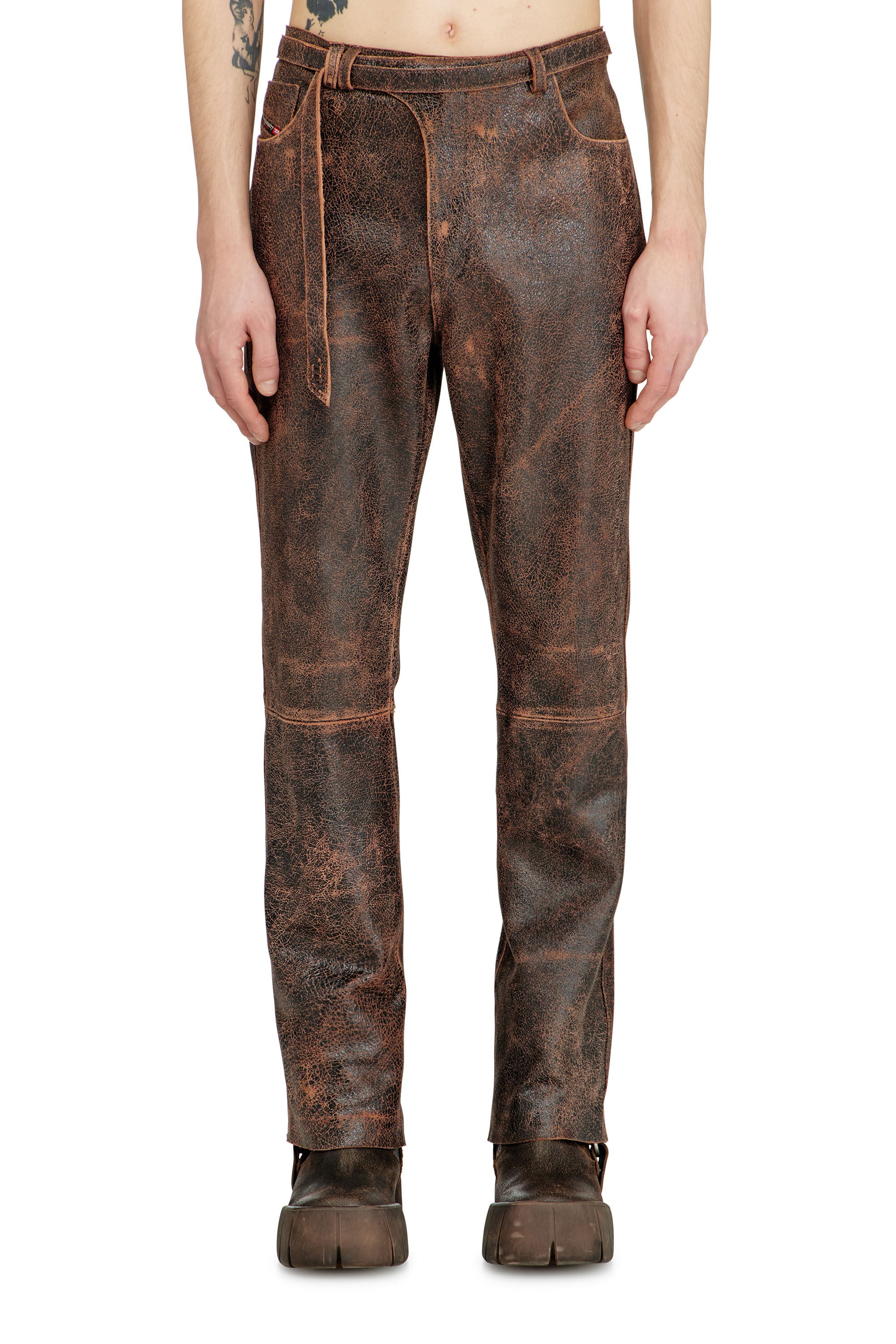 Men's Cracked-leather pants with biker strap detail | Brown