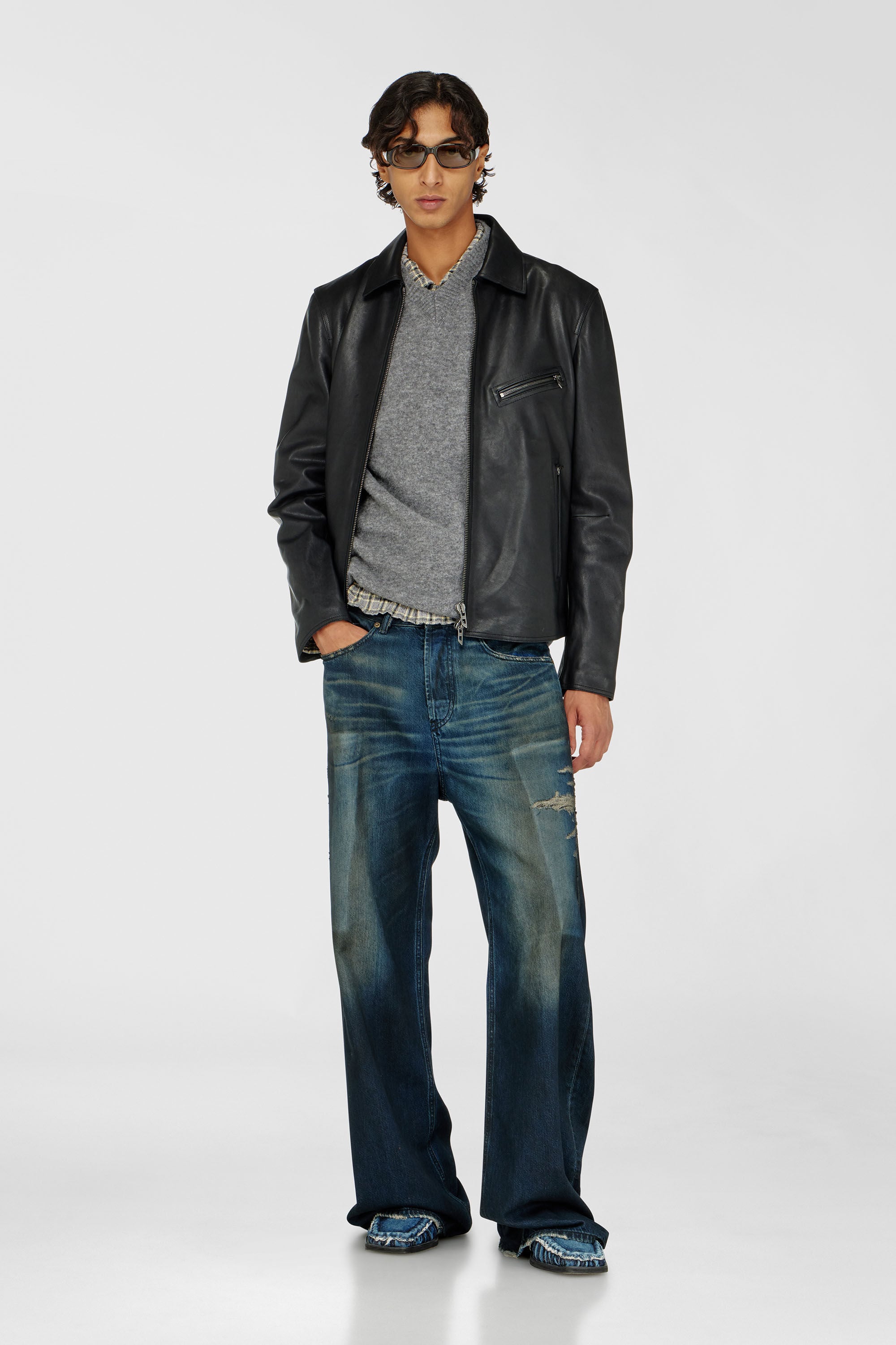 Men's Leather jacket with embossed Oval D | Black | Diesel US