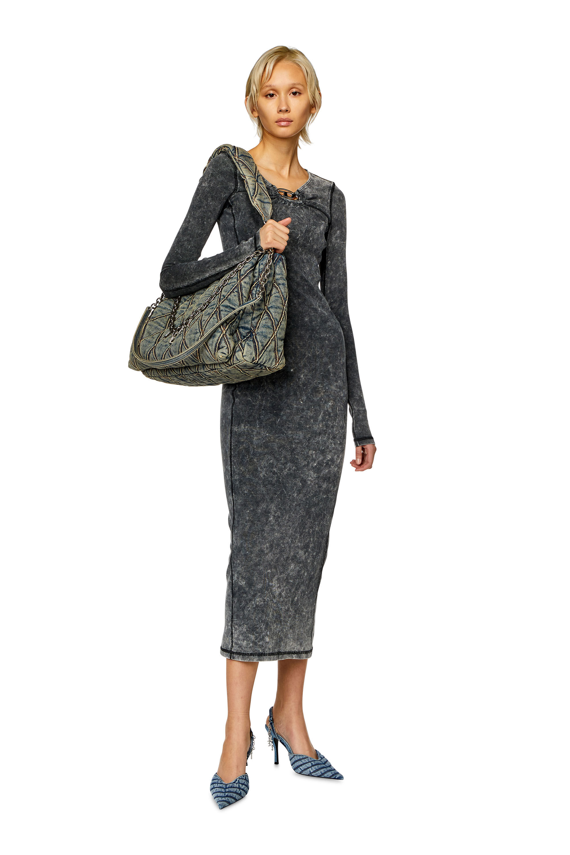 Diesel - D-CRITIC, Female's Ribbed midi dress with oval D plaque in Dark Grey - 3