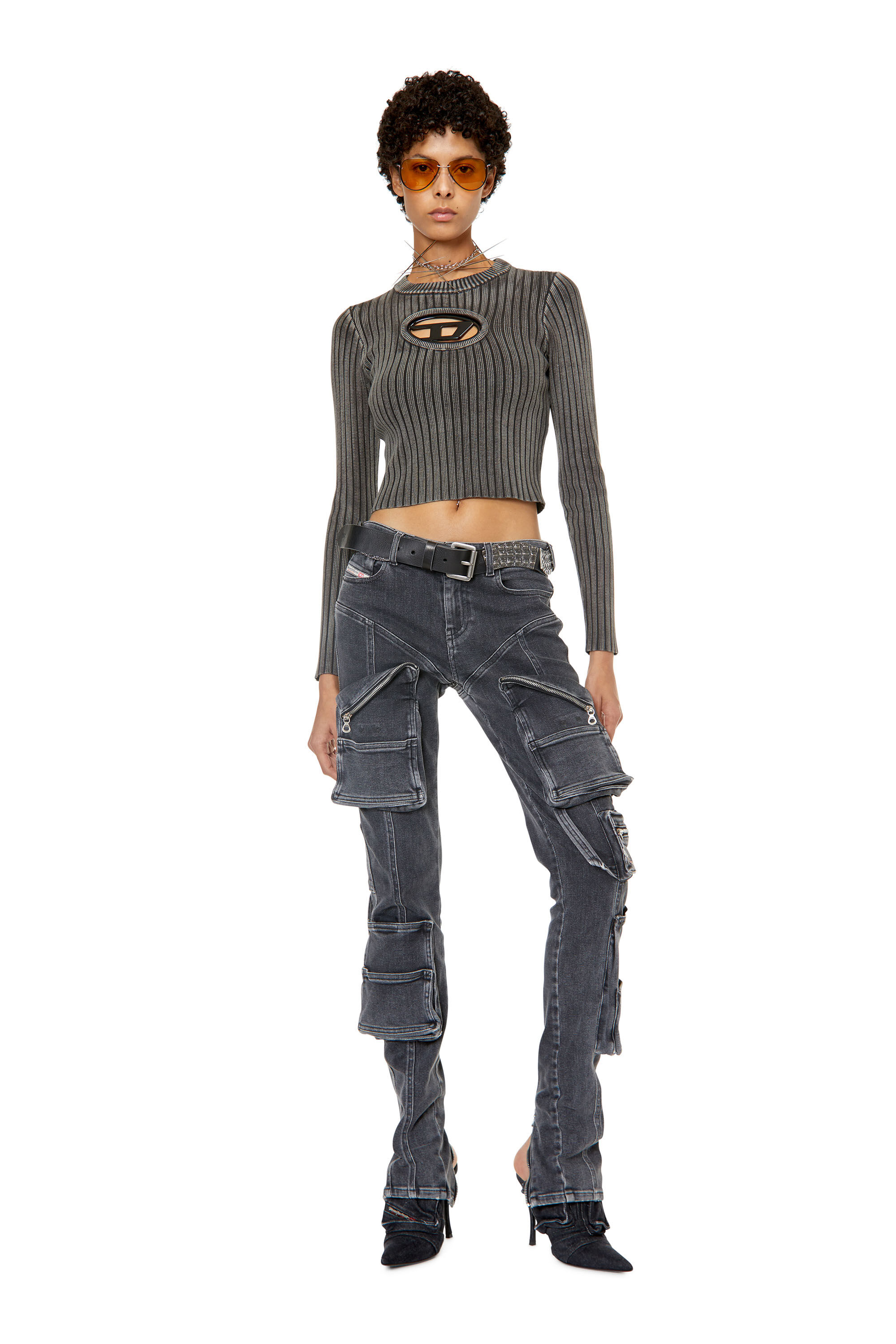 Diesel - M-ARJORY, Female's Ribbed top with oval D plaque in Grey - 1