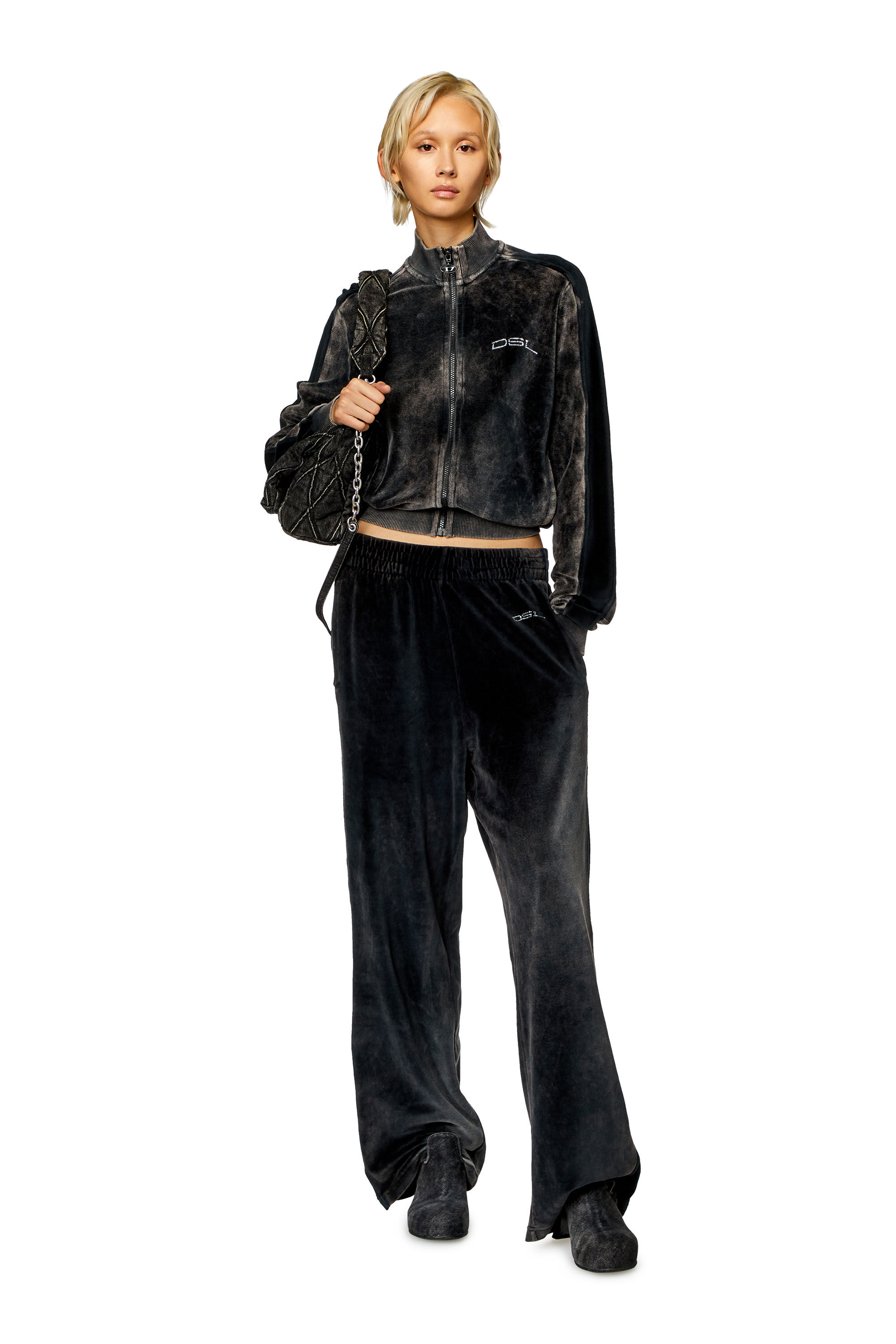 Diesel - F-KINIGLI, Woman's Track jacket in treated chenille in Black - 1