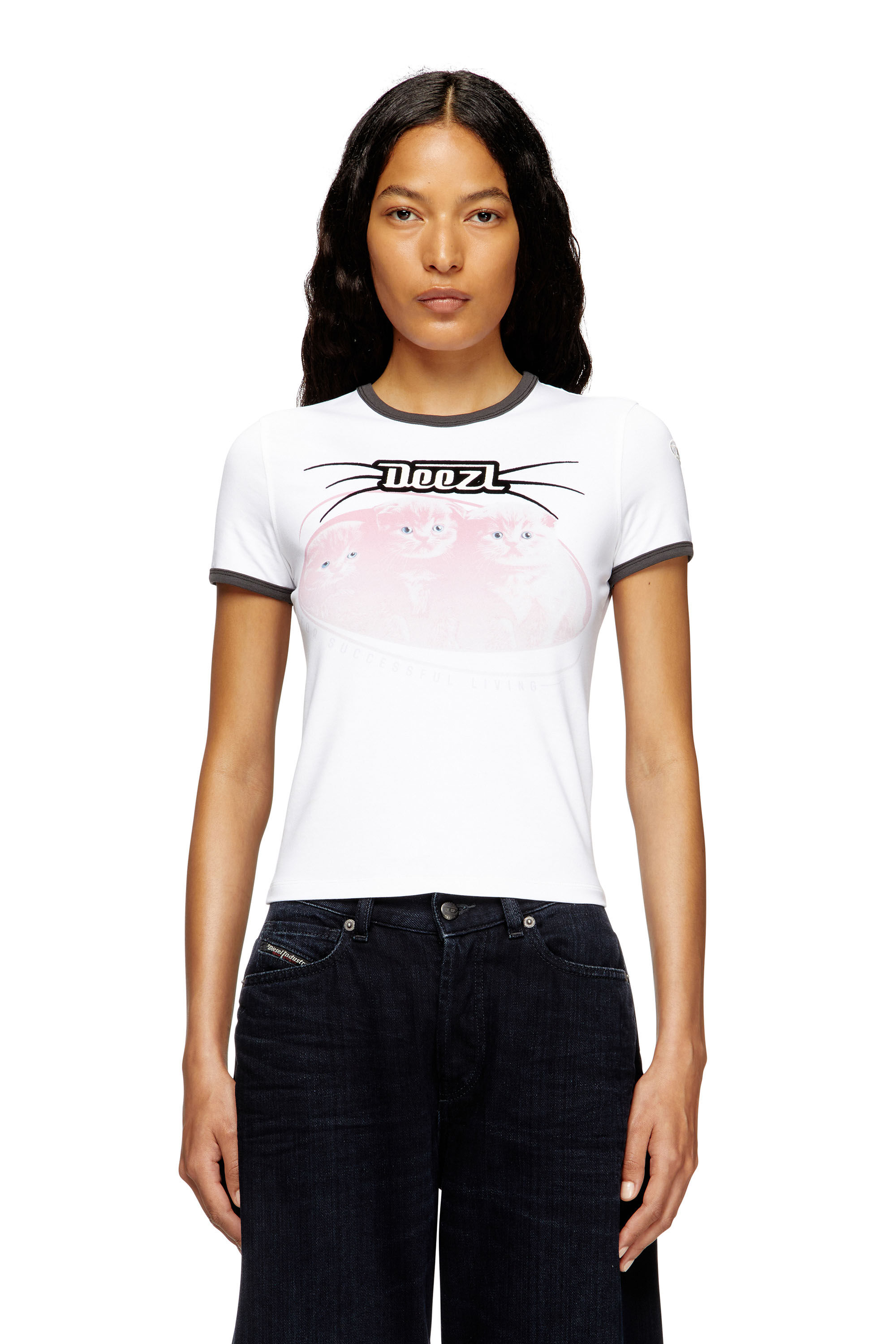 Diesel - T-UNCUTIES-LONG-R13, T-shirt en coton avec impression en flock Femme in Blanc - 3