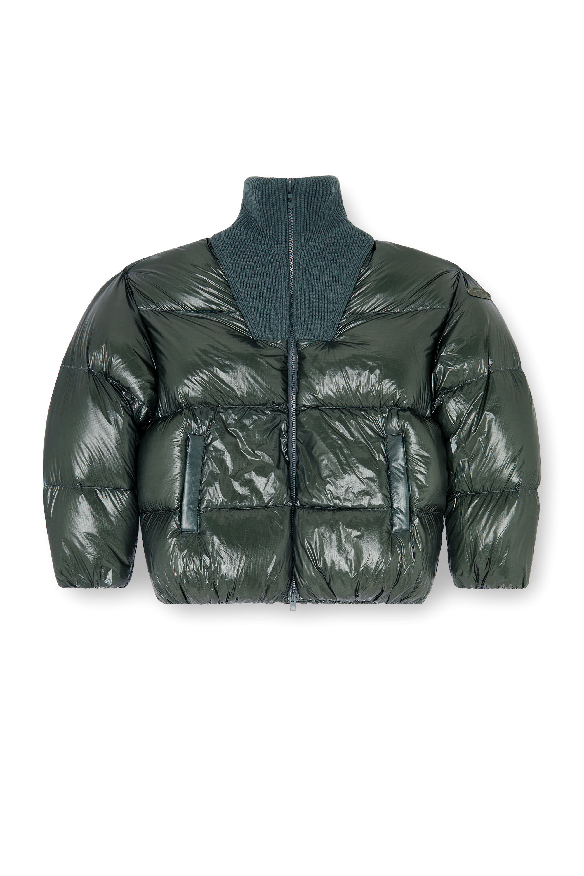 Diesel - W-RIBB, Male's Down puffer jacket in ripstop with ribbed collar in Dark Green - 2