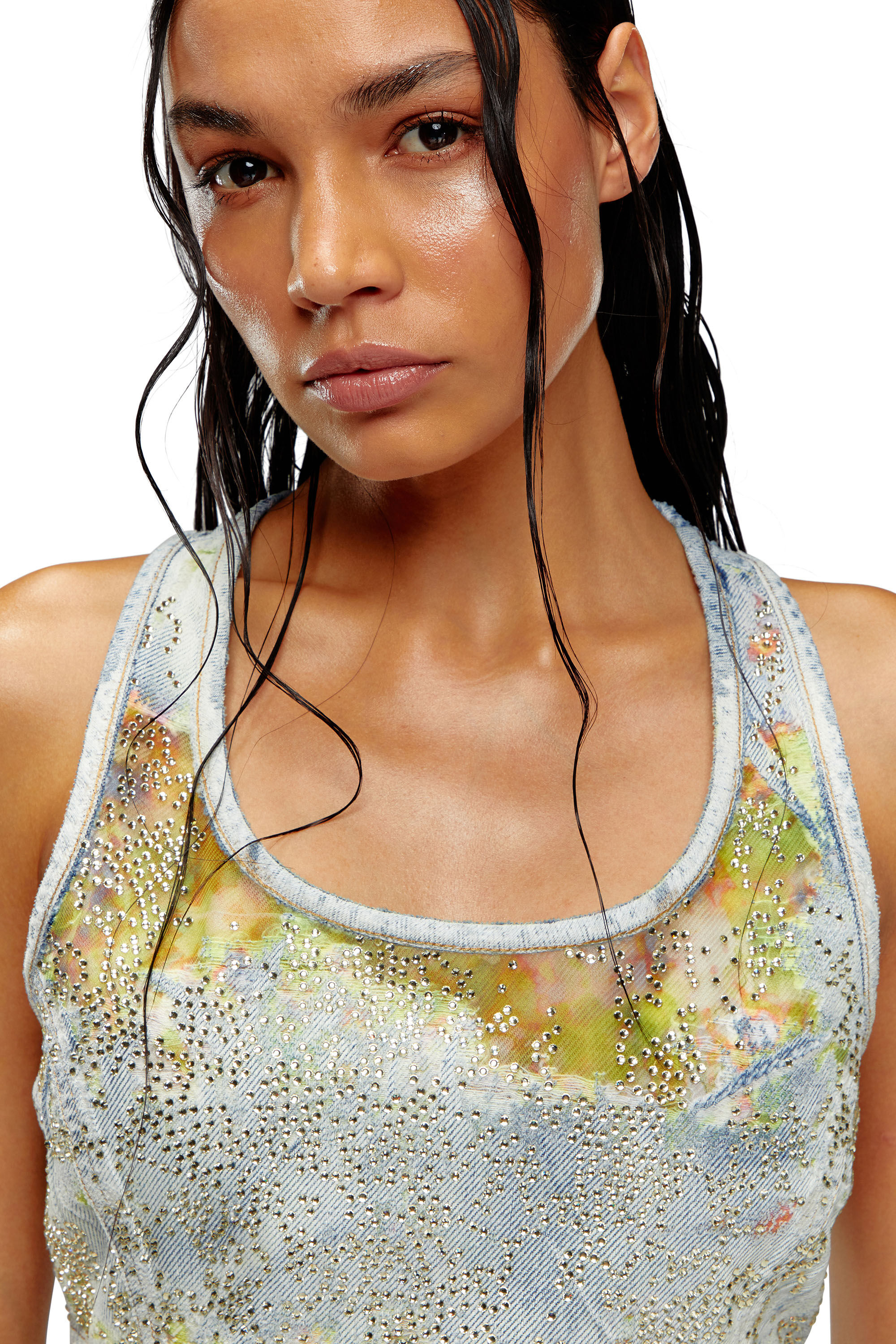 Diesel - DE-DETOP-FSE, Female's Cropped top in flower devoré denim in Light Blue - 4