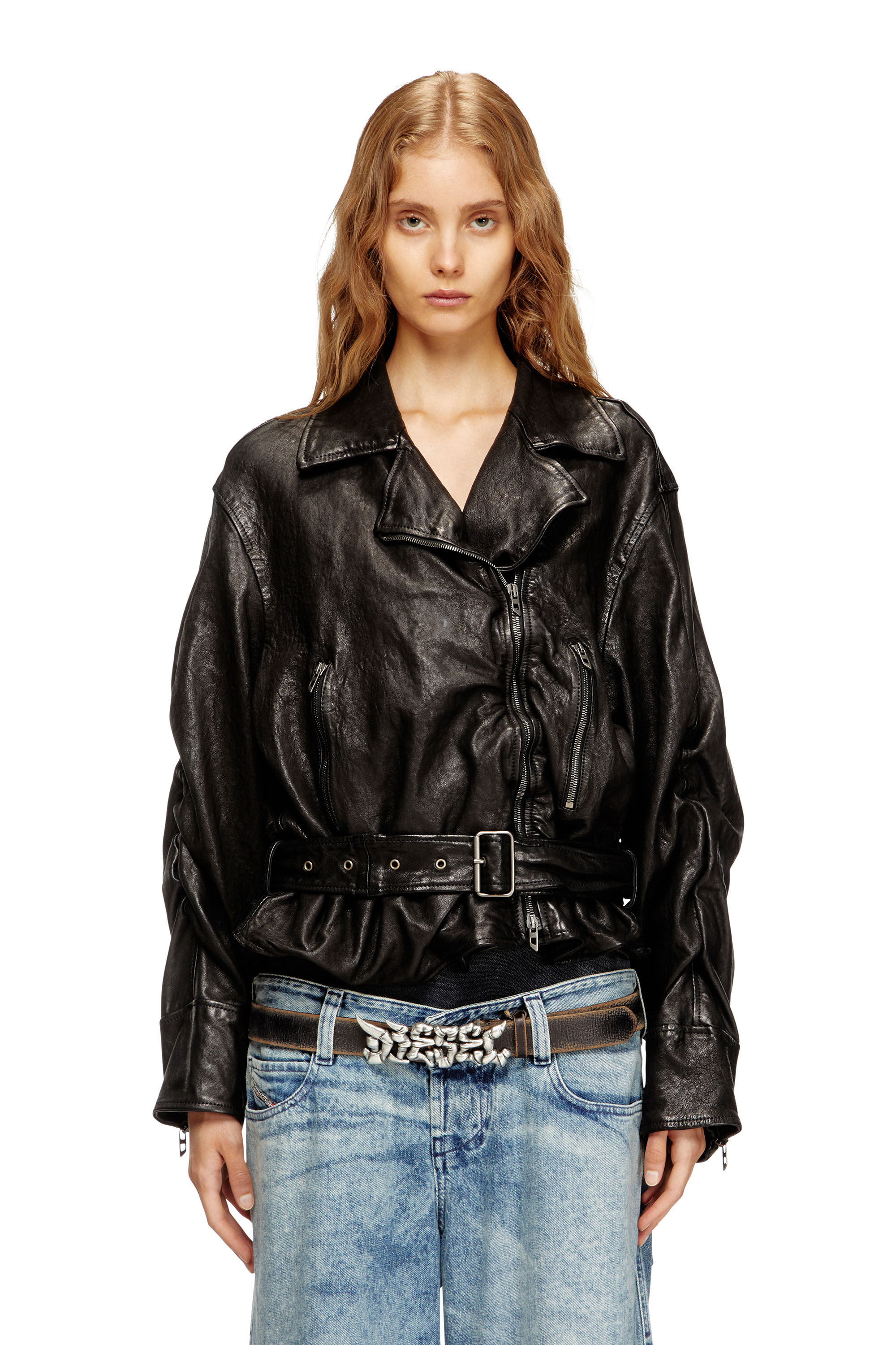 Diesel - L-OYS, Female's Belted jacket in boiled leather in Black - 3