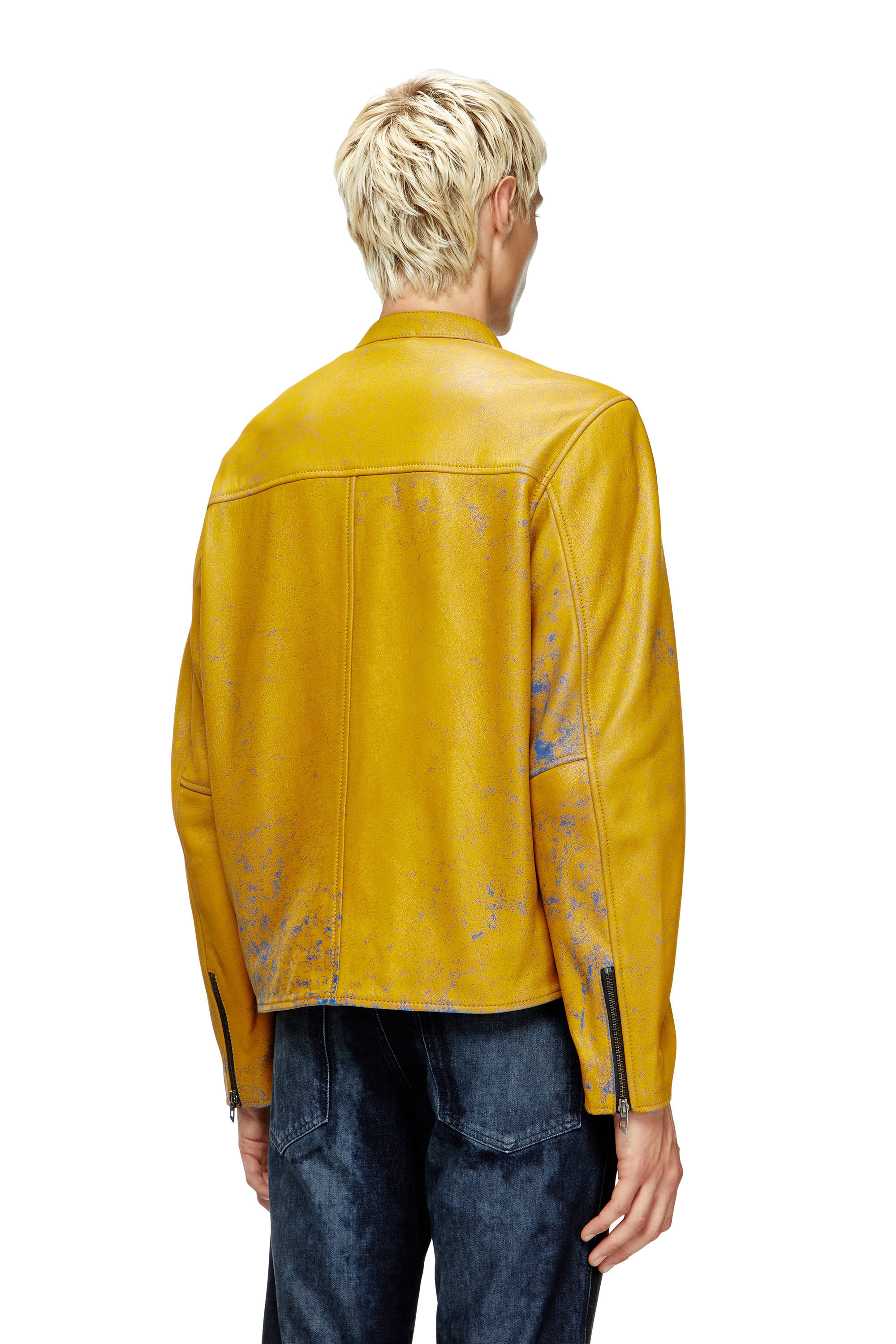 Men's Treated leather biker jacket with faded logo | Yellow | Diesel