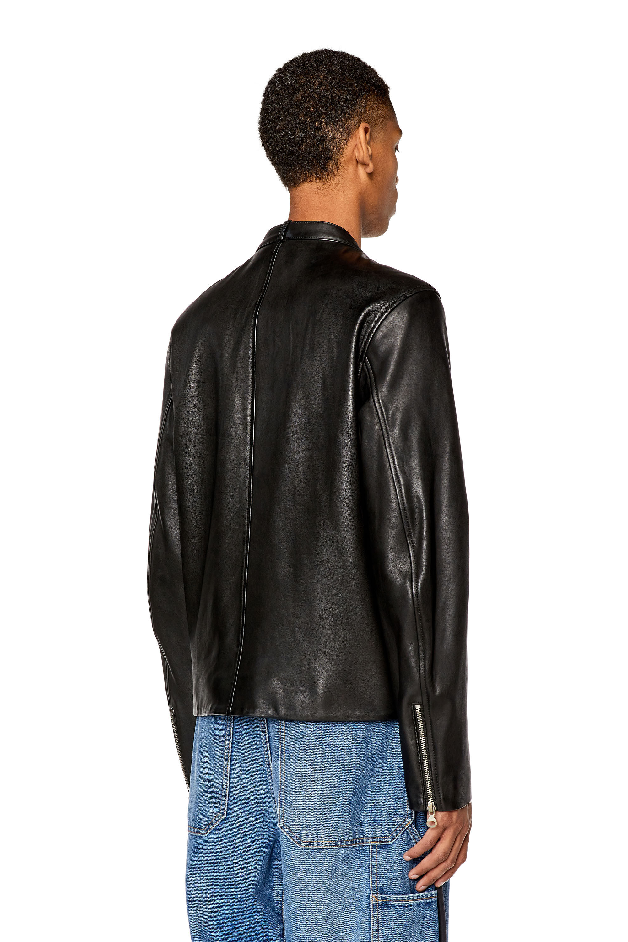 Diesel - L-METALO, Male's Leather biker jacket with distressed logo in Black - 4