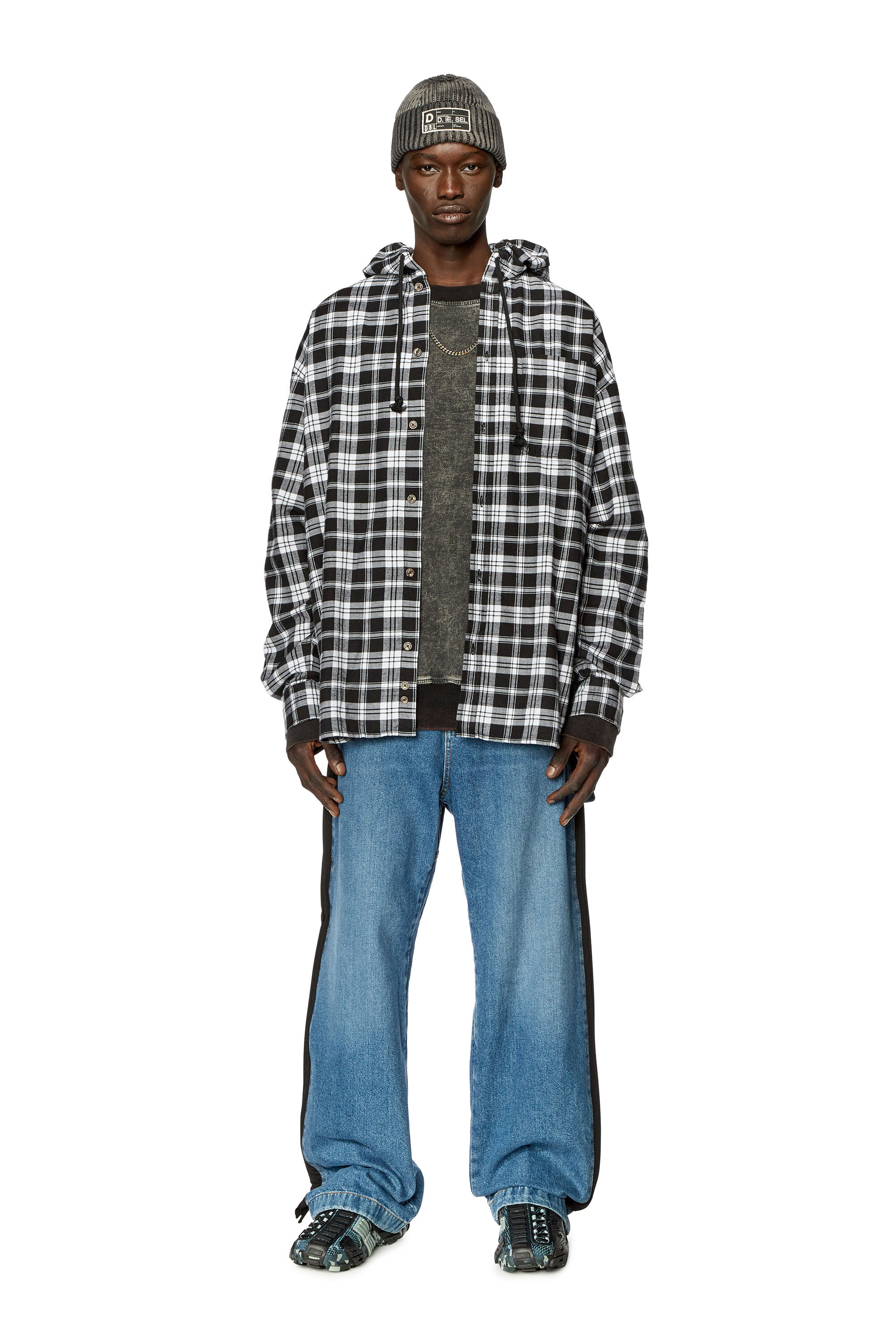 Diesel - S-DEWNY-HOOD, Chemise à capuche oversize en flanelle tactile Homme in Polychrome - 1