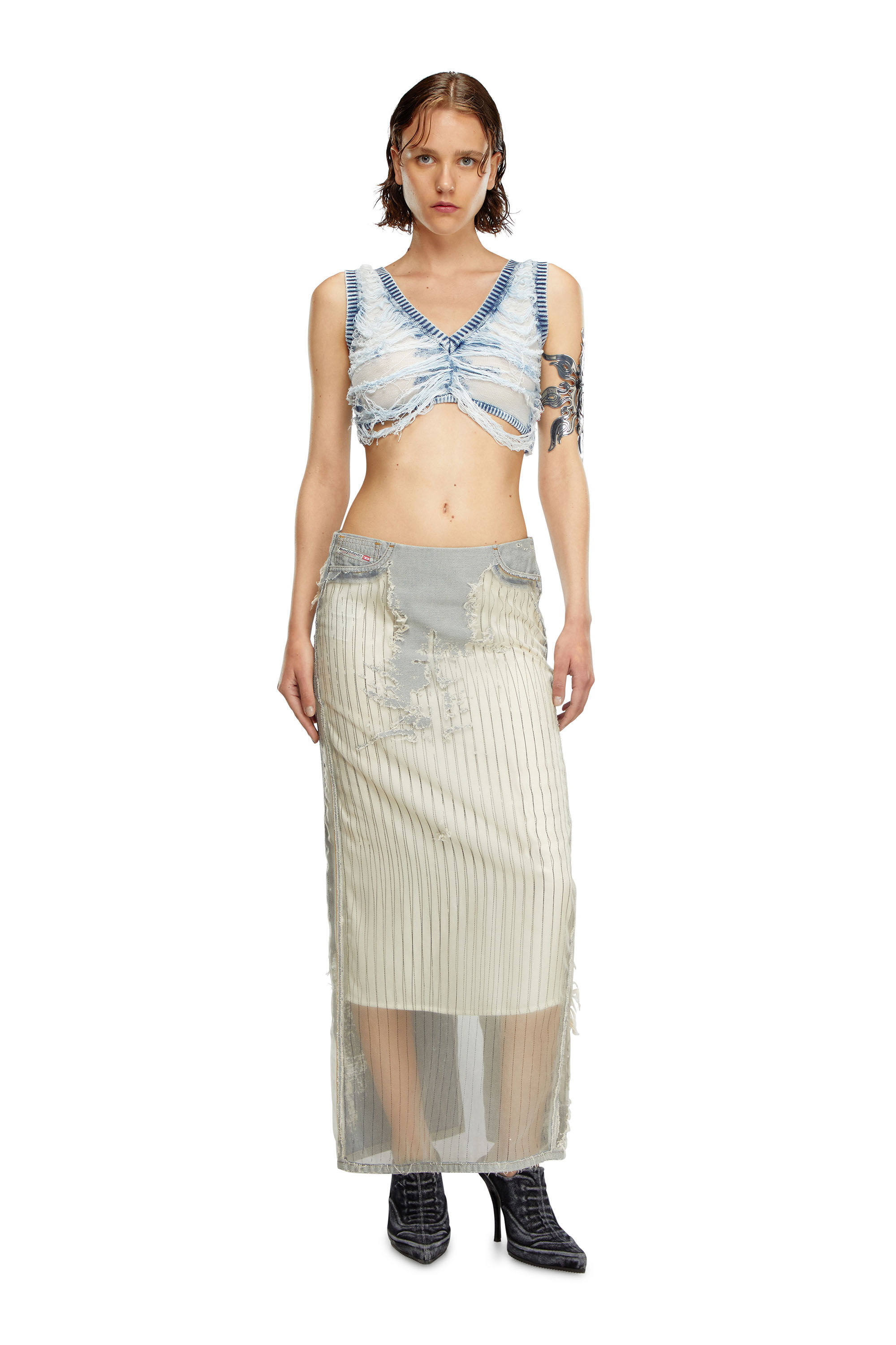 【DIESEL】 Skirt in pinstriped devore denim De-Pra-Fse1 Women's Long skirt in pinstriped devoré denim | White | Diesel