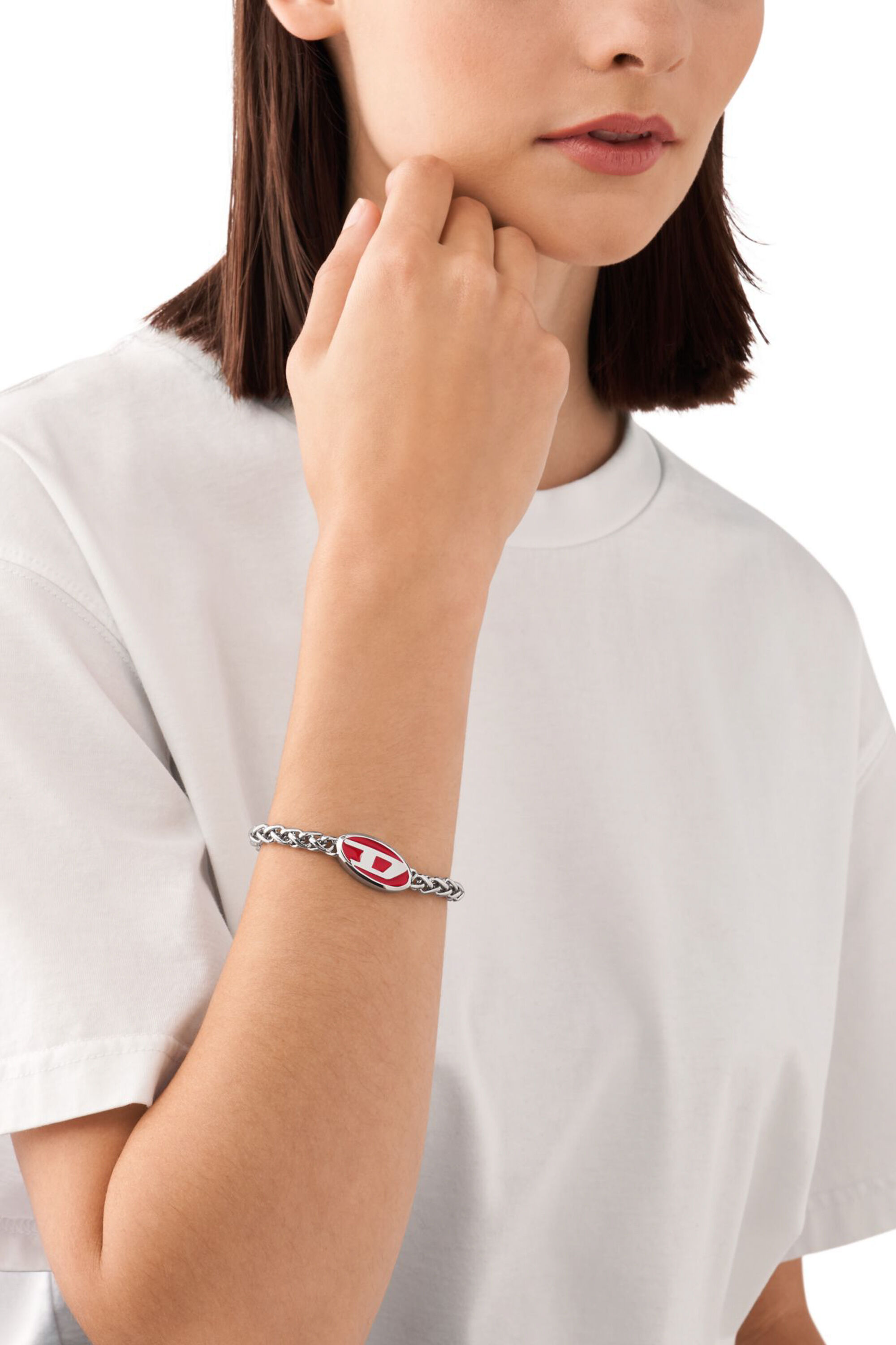 diesel ステンレスブレスレット Women's Red enamel and stainless steel chain bracelet | Silver