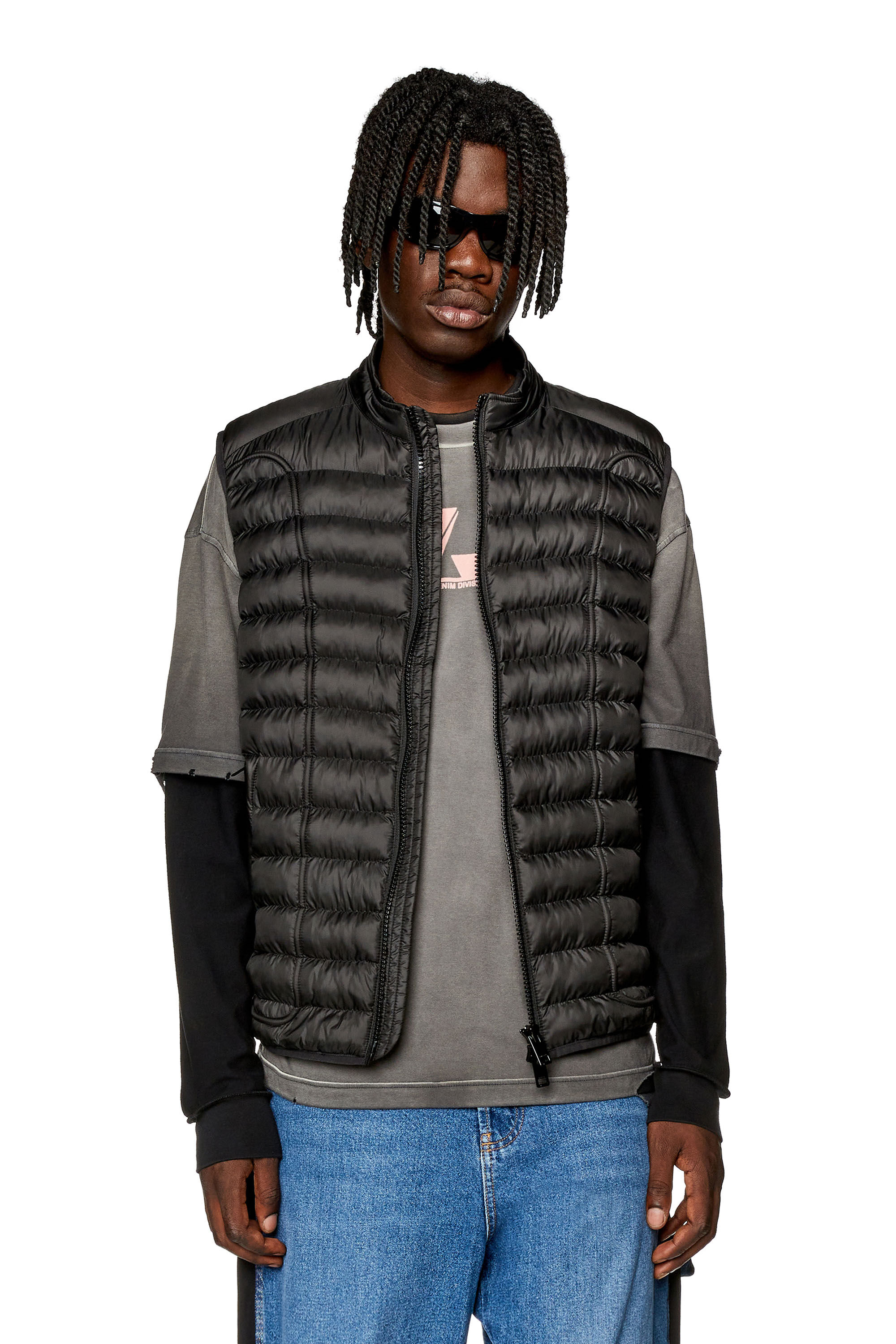 Diesel - W-HAWKYL-SL, Male's Padded nylon vest with piping in Black - 3