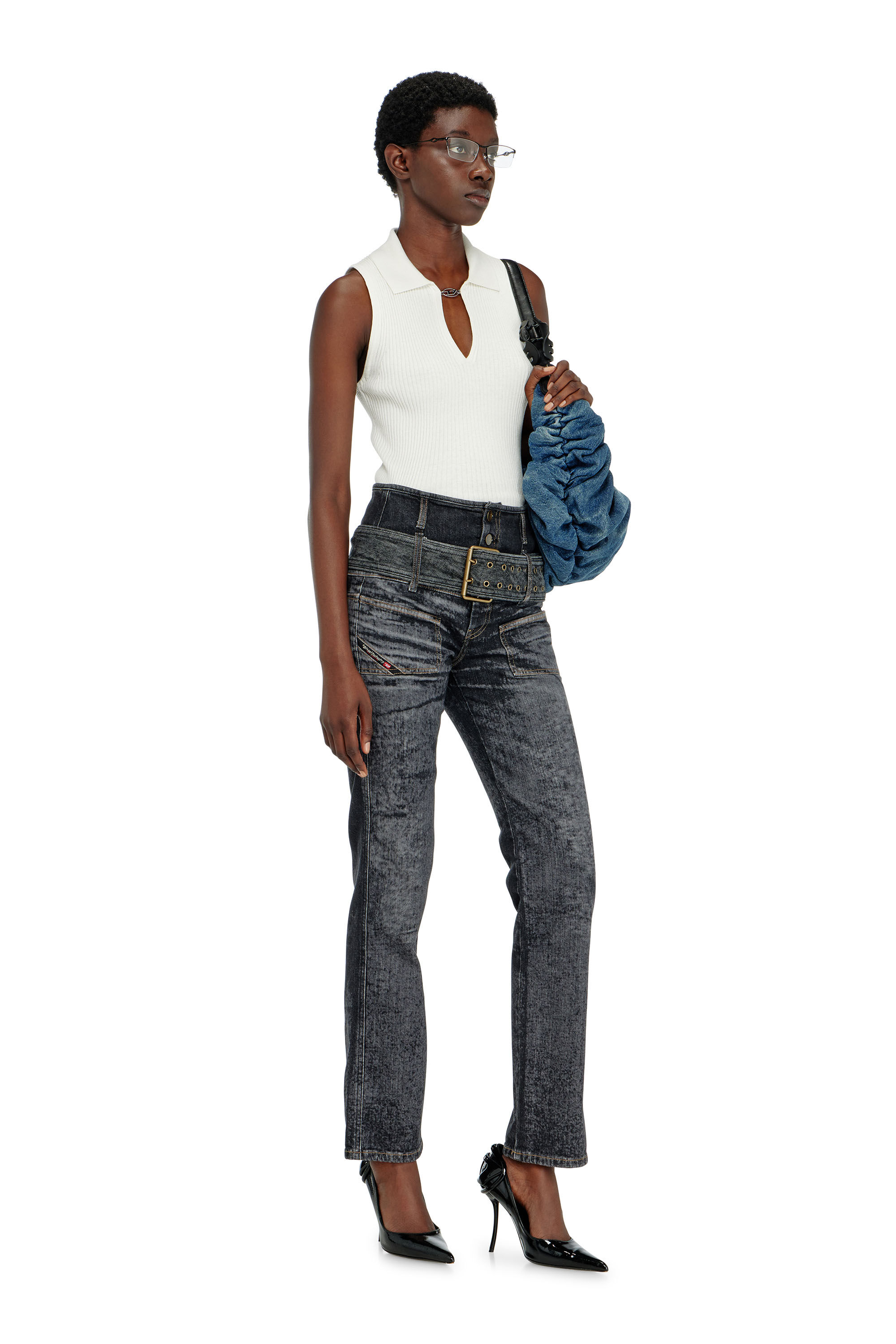 Diesel - M-LILITA, Female's Sleeveless rib-knit polo top in silk blend in White - 1