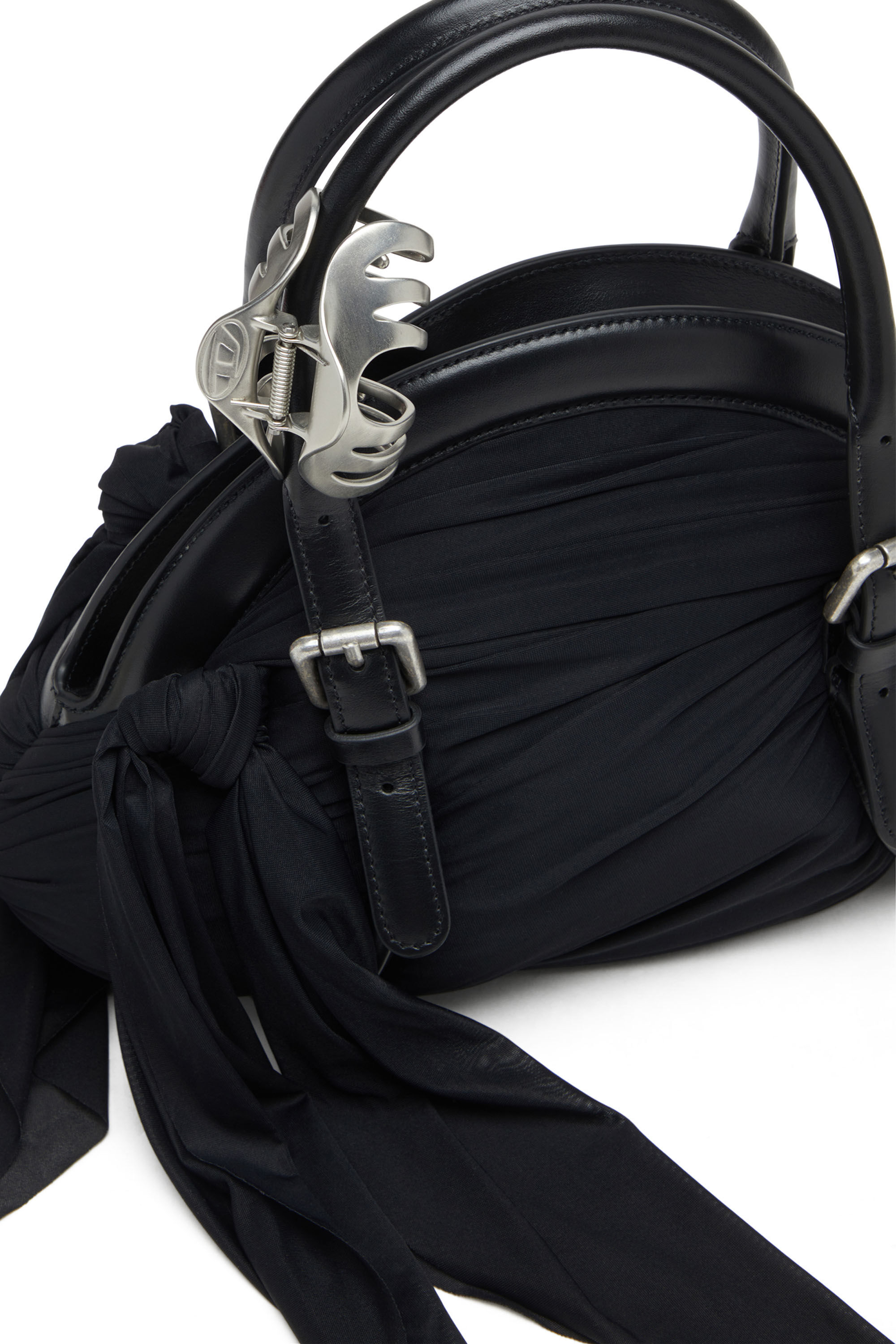 Diesel - TRASH-D TOP HANDLE, Trash-D-Sac à main bandana en jersey et cuir Femme in Noir - 5