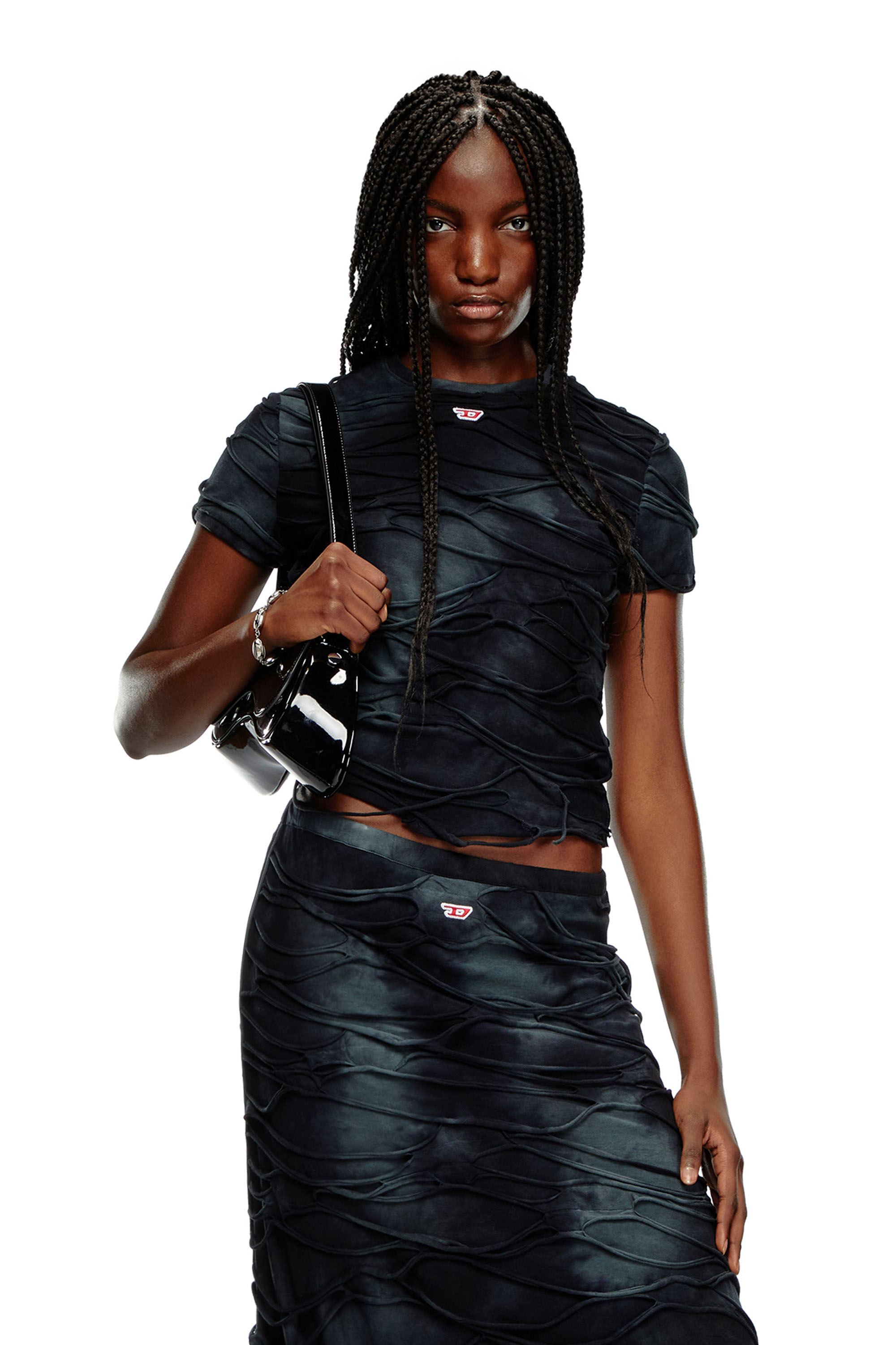 Diesel - T-UNCUTIE-LONG-P1, Female's T-shirt with floating strands in Black - 3
