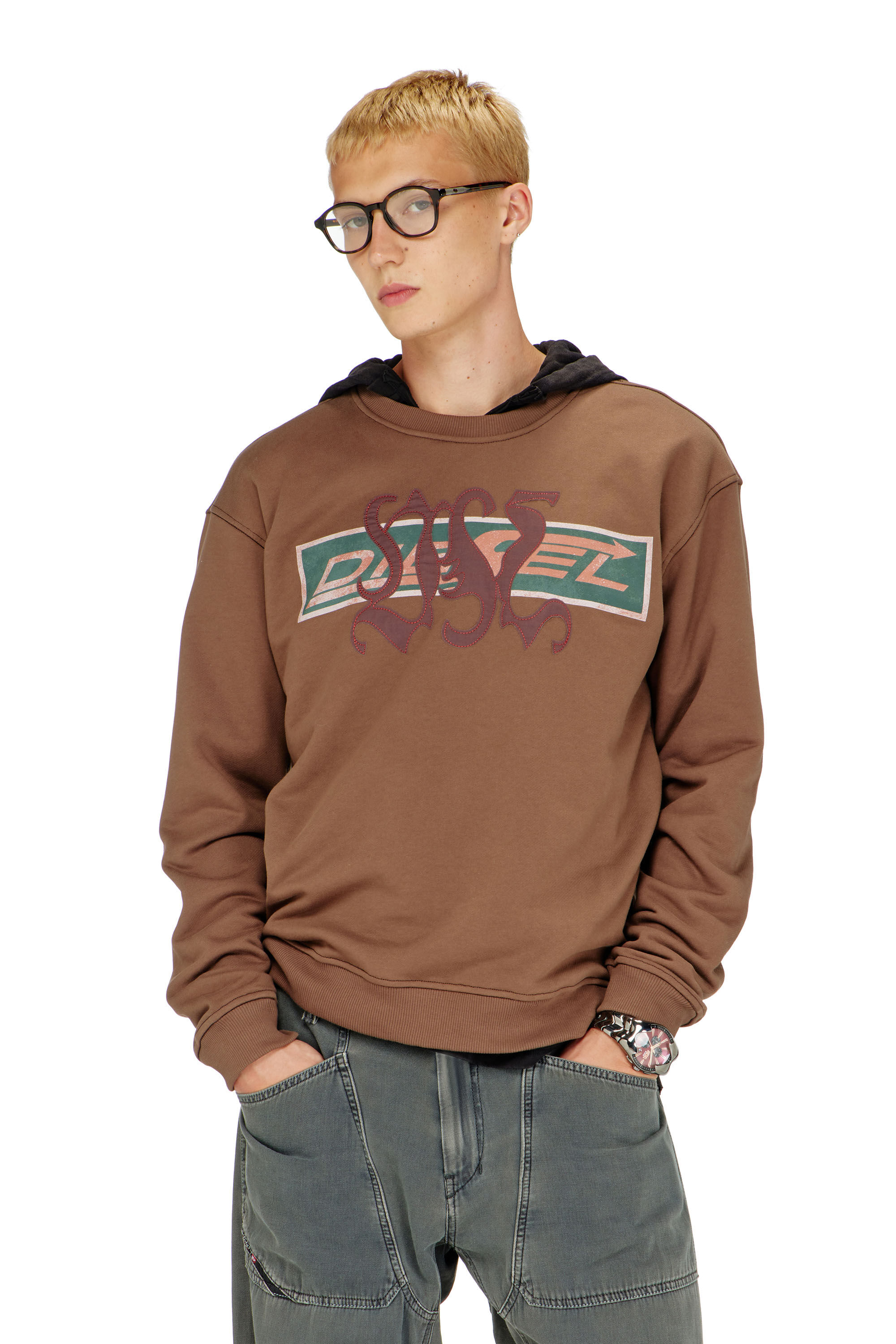 Diesel - S-NORM-AA6, Man's Sweatshirt with graphic prints and patches in Brown - 2