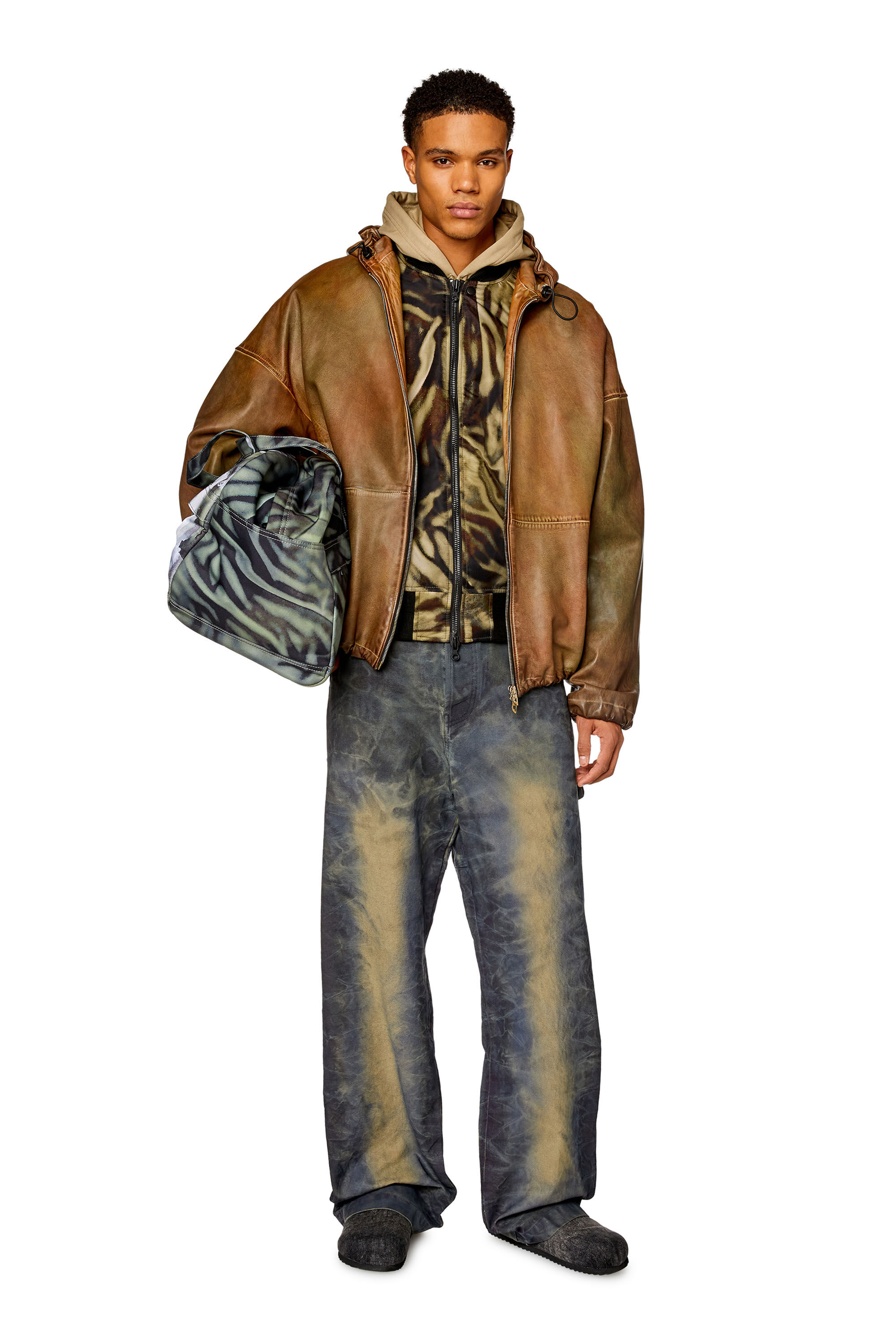 Diesel - J-DUBLEE, Man's Padded bomber jacket with zebra-camo print in Black/Brown - 1