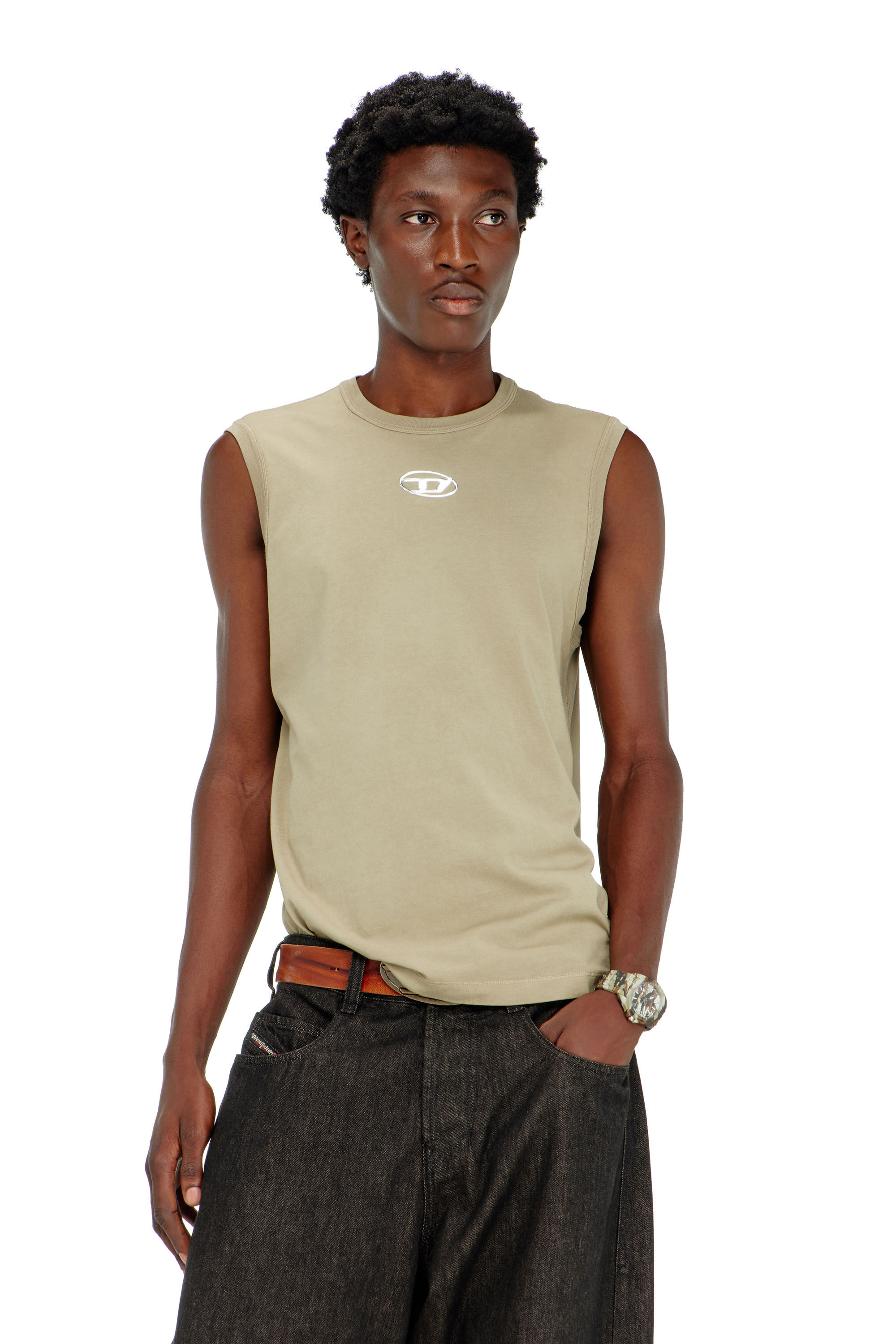Diesel - T-BISCO-IOD, Camiseta de tirantes de algod&oacute;n sin mangas con Oval D met&aacute;lico Hombre in Beige - 3
