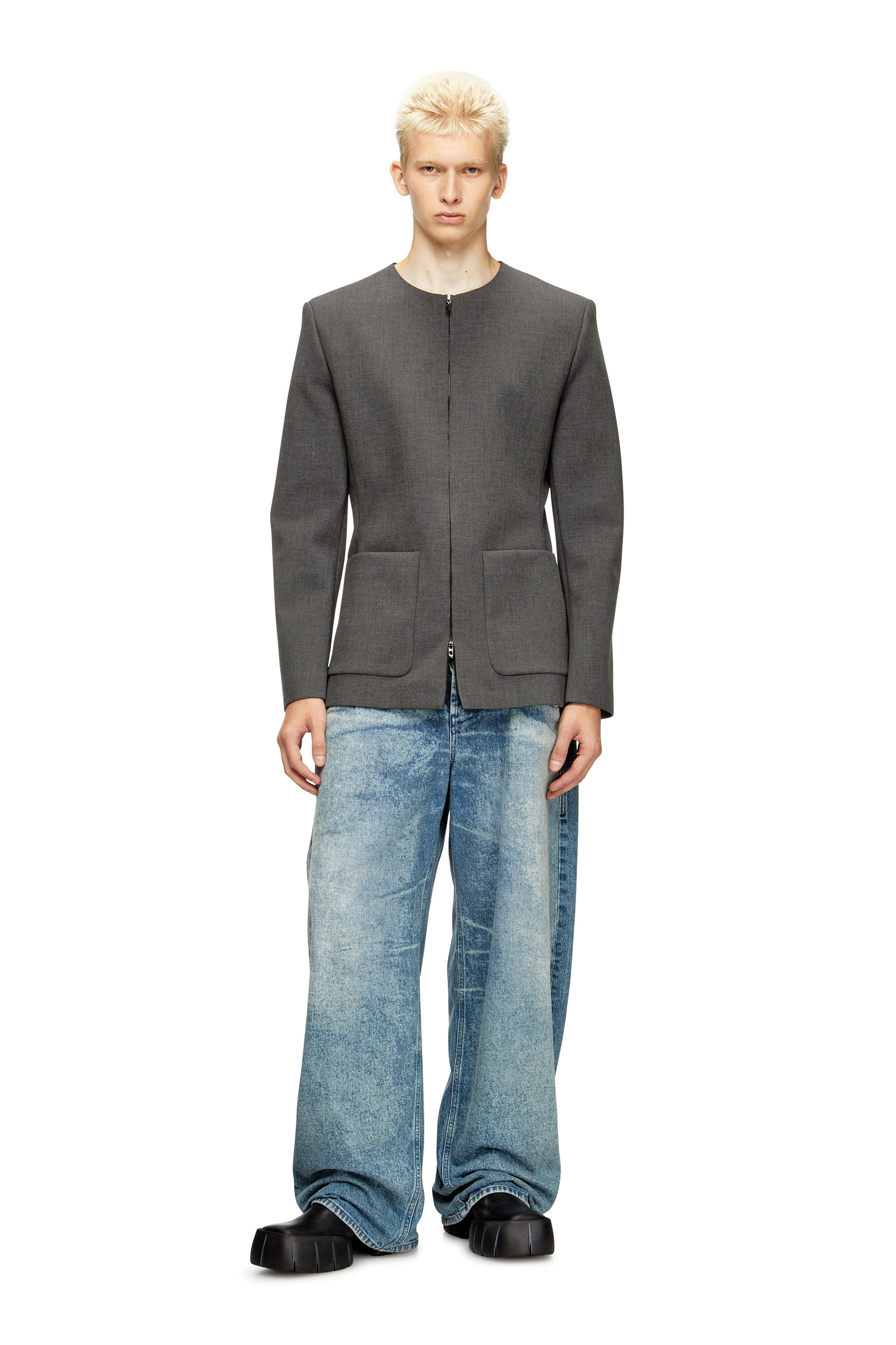 Diesel - J-CESAR-NEO, Man's Collarless jacket in neoprene-bonded fabric in Grey - 1