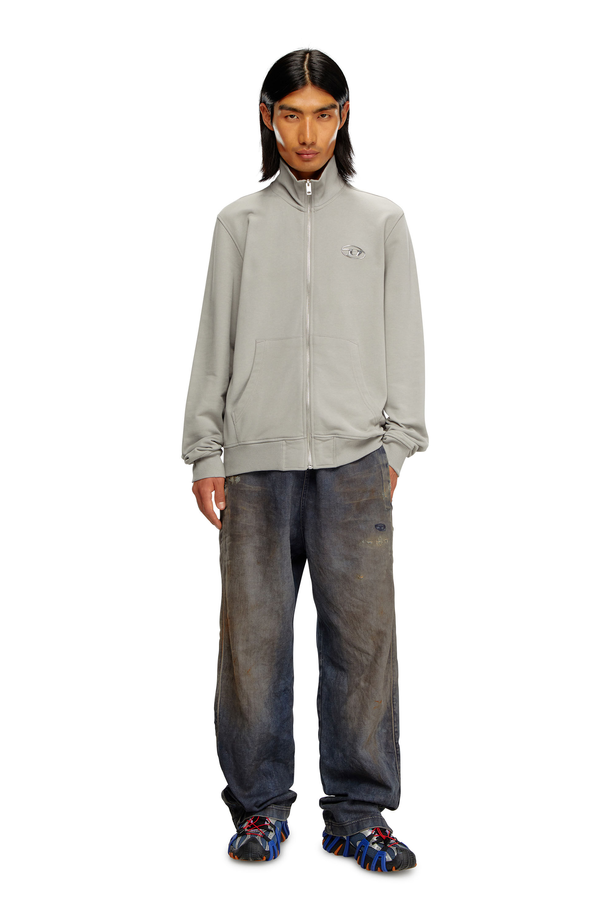 Diesel - S-GINNI-ZIP-OD, Male's Zip-up sweatshirt with metallic logo in Light Grey - 1