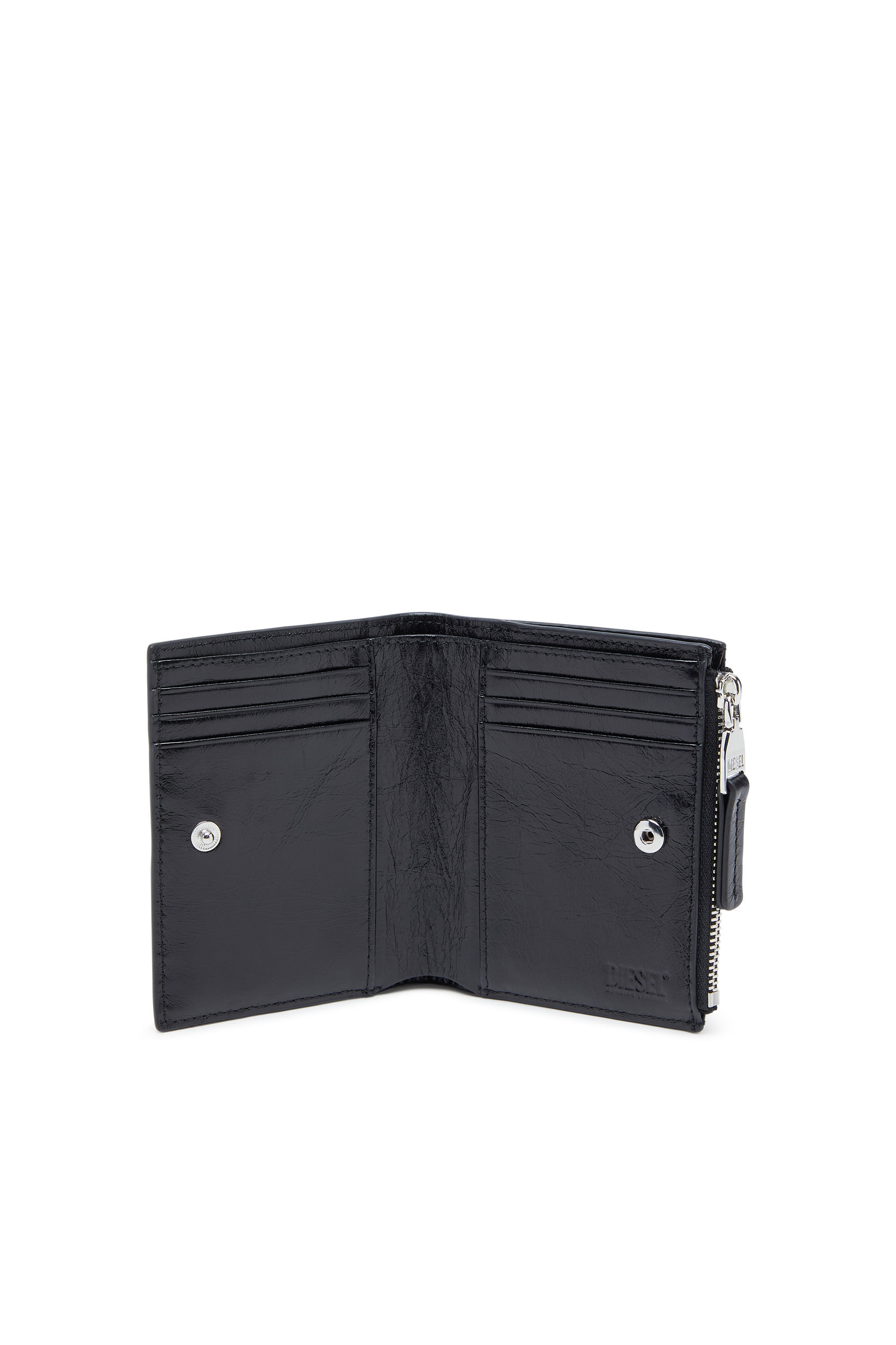 Diesel - BI-FOLD ZIP II, Cartera de cuero con motivo de cadena en relieve Mujer in Negro - 3