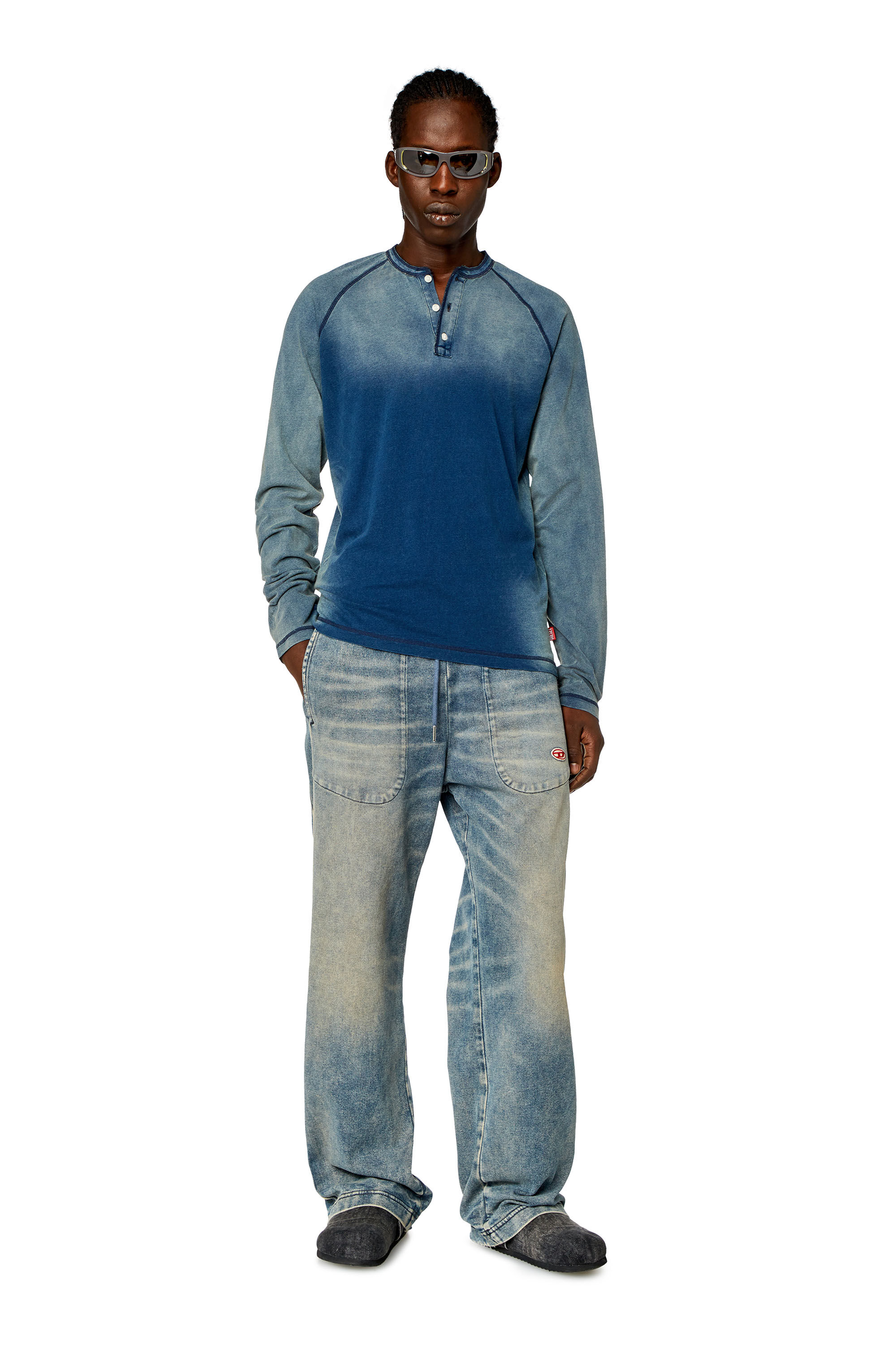 Diesel - T-RISY, Man's Henley T-shirt with sun-faded effect in Blue - 1