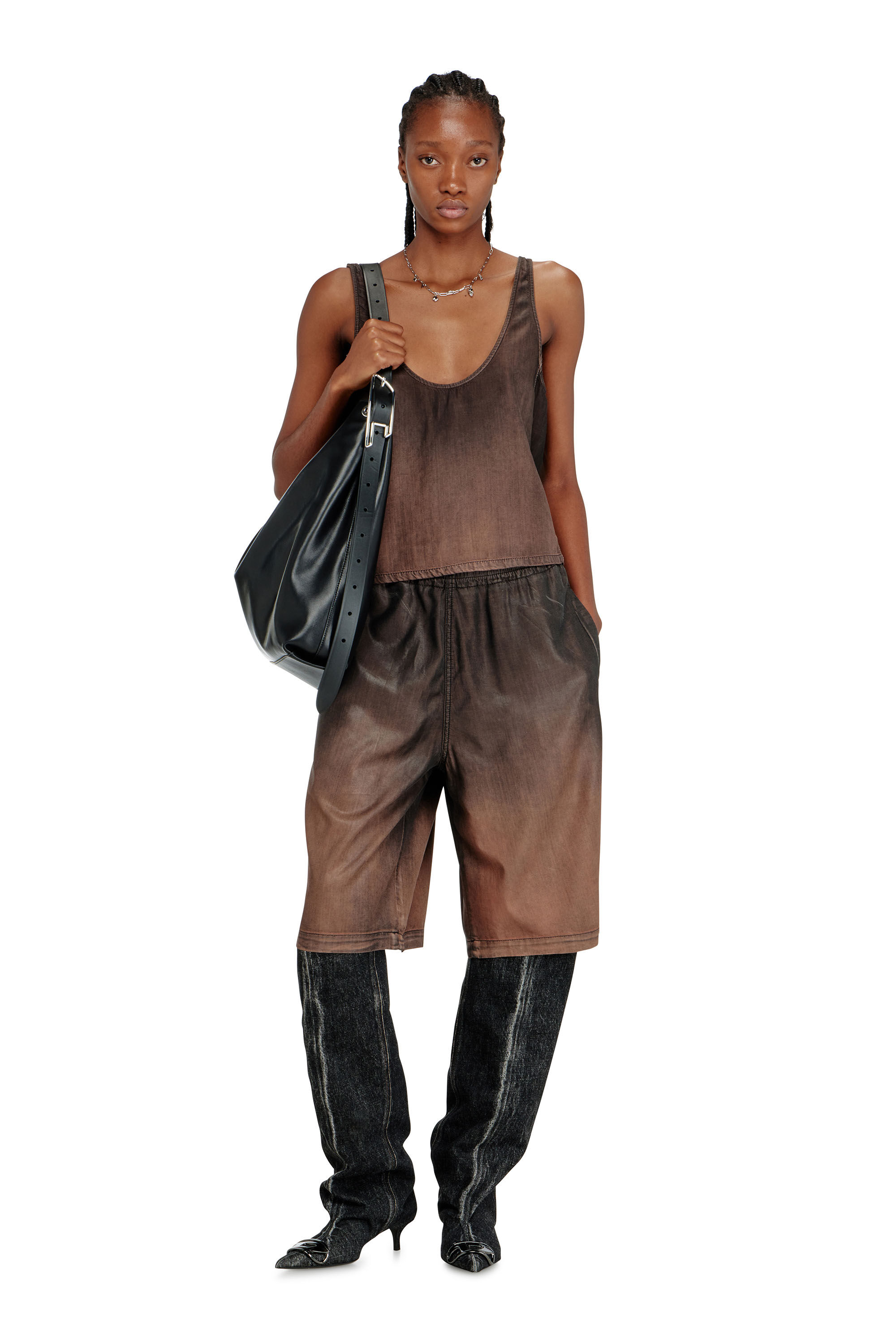 Diesel - DE-NORIAN-S, Camiseta de tirantes en denim fluido con lavado oscuro Mujer in Marr&oacute;n - 1