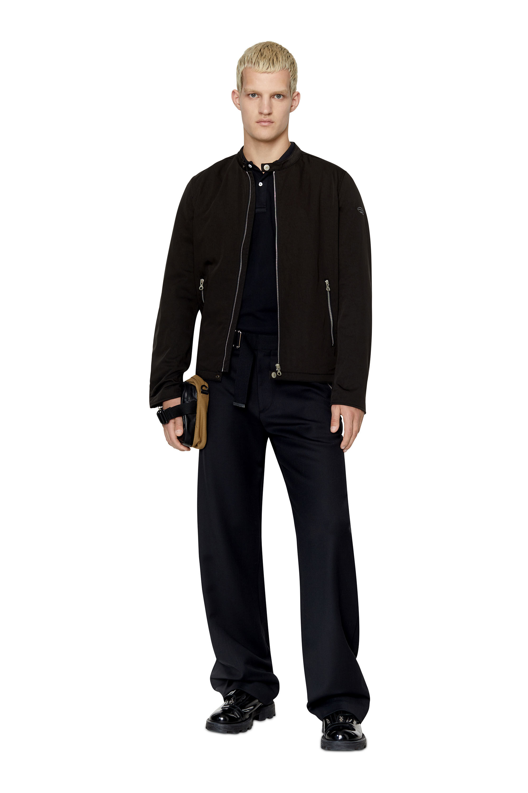 Diesel - J-GLORY-NW, Male's Biker jacket in cotton-touch nylon in Black - 1