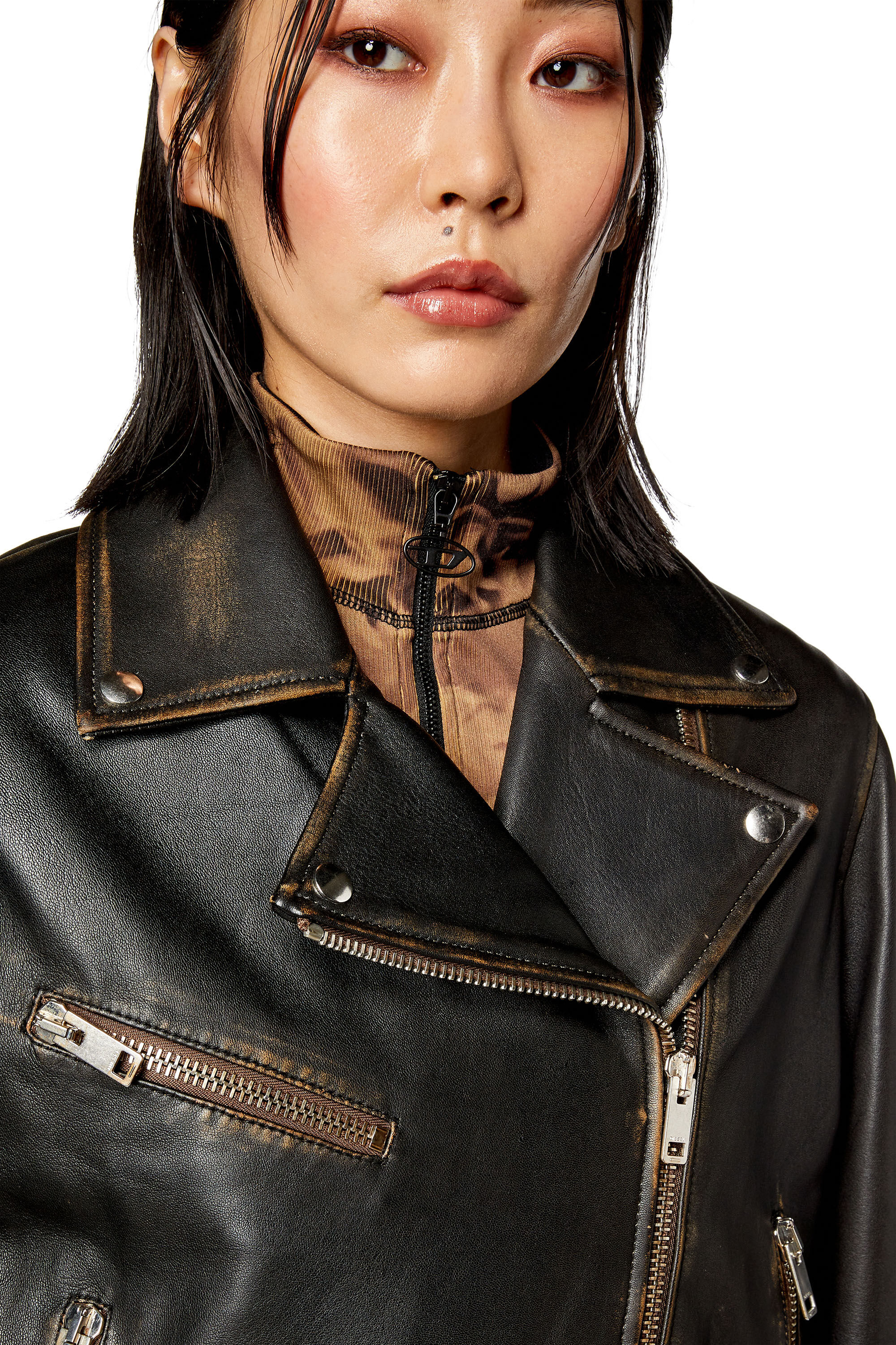 Diesel - L-EDME, Veste biker en cuir foulonné Femme in Noir - 6