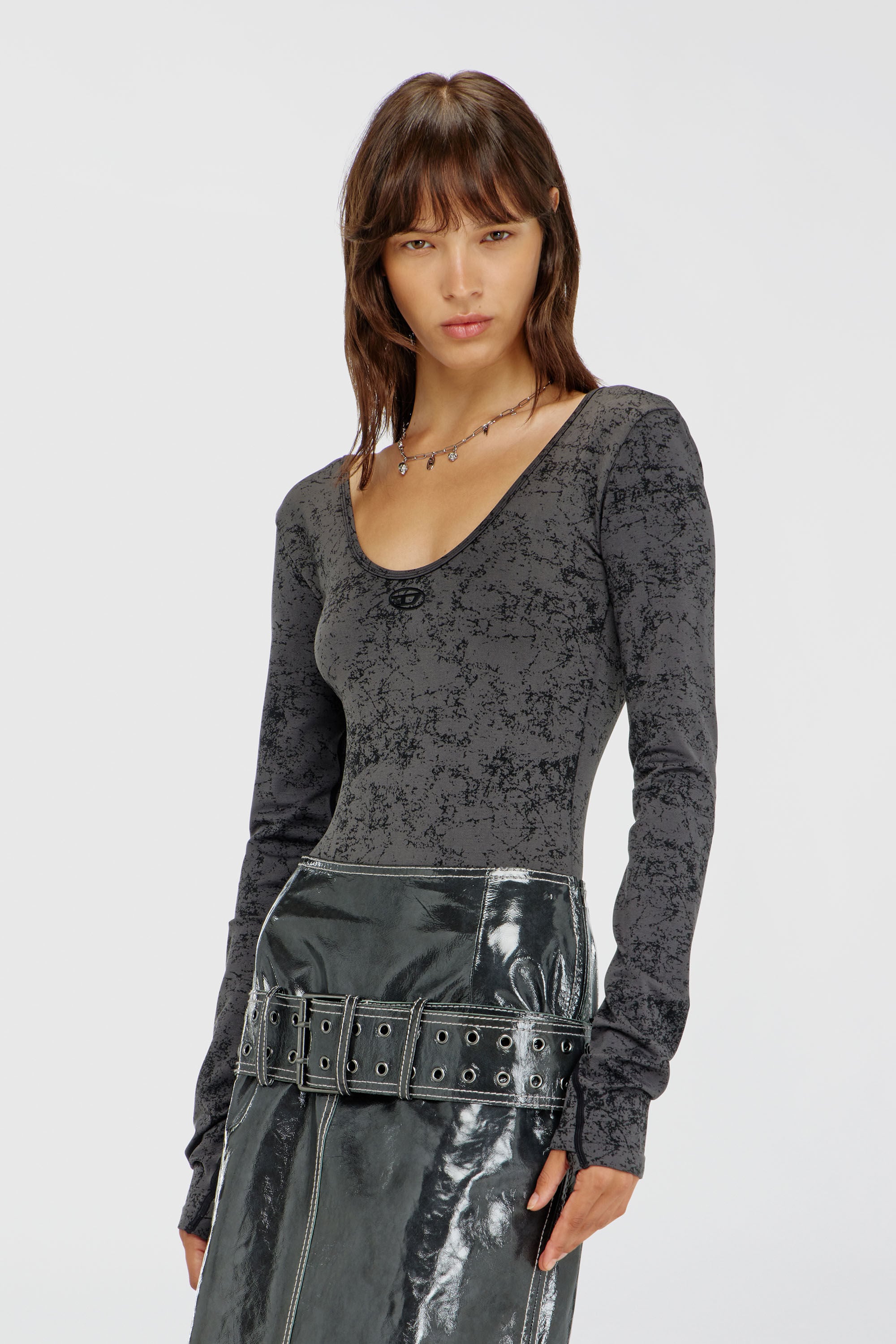 Diesel - IONNA-UTLT, Woman's Open-back bodysuit with utilitarian print in Black - 4