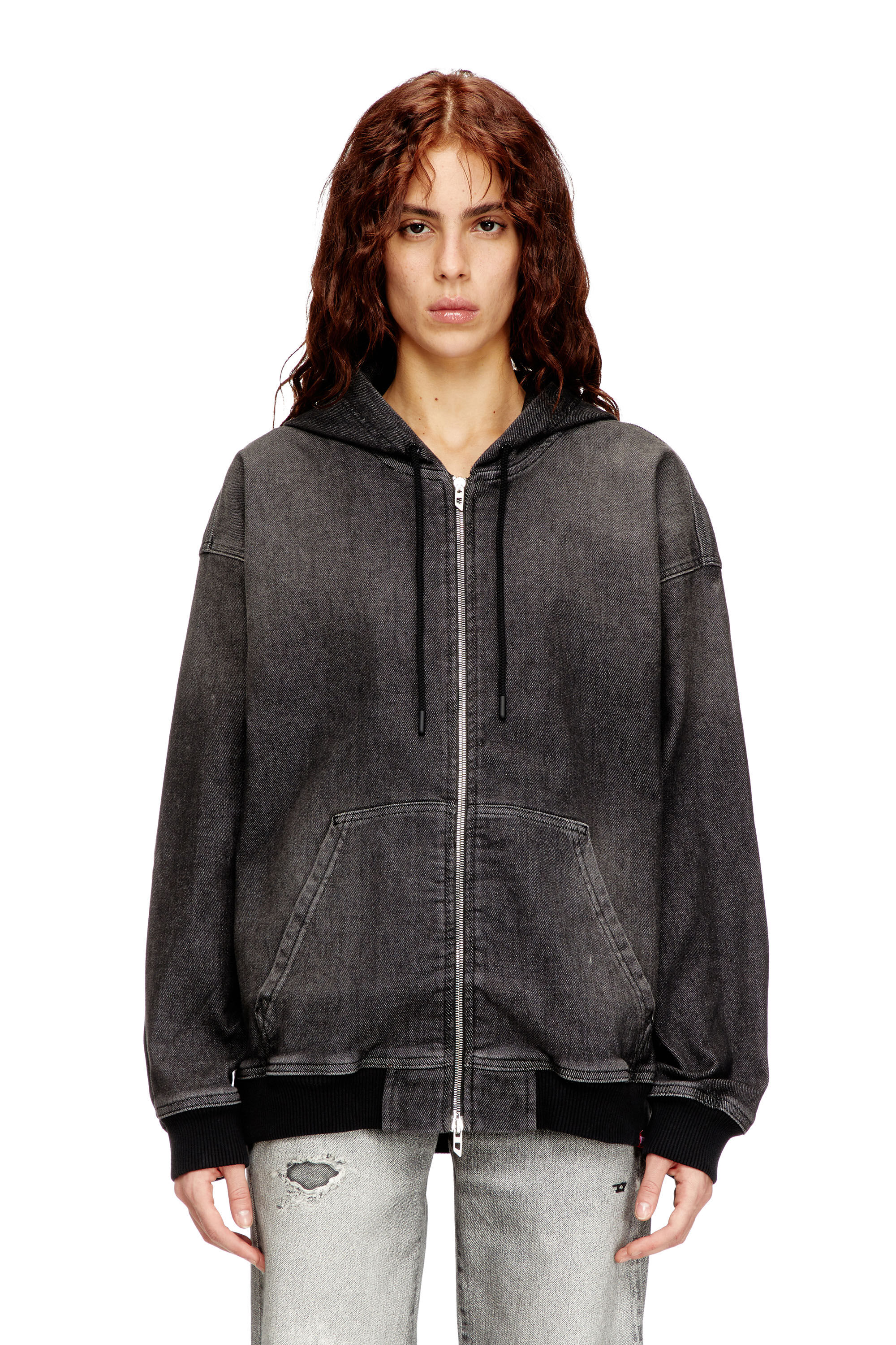 Women's Zipped hoodie in dirt-effect Track Denim | Black | Diesel
