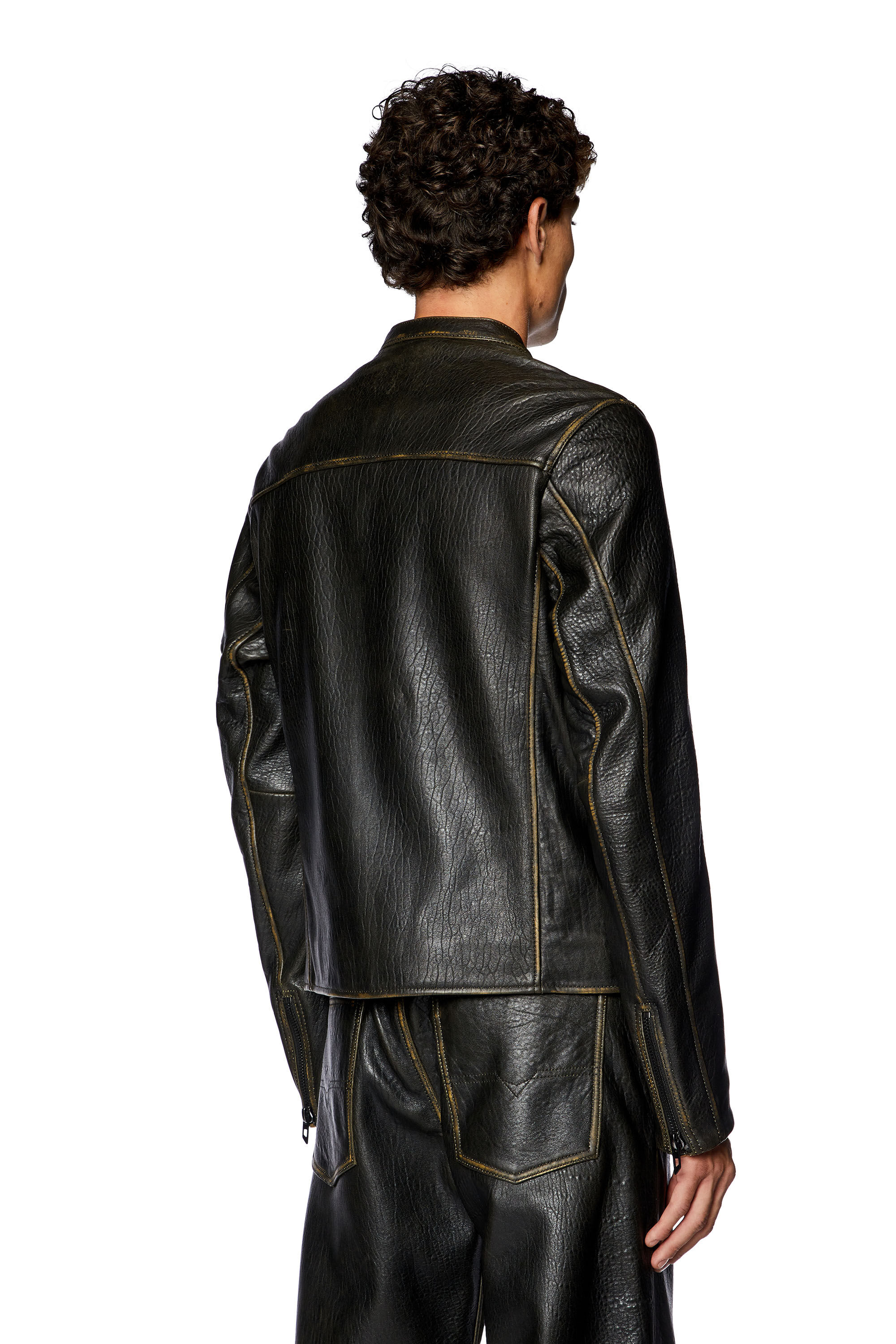 Diesel - L-COBBE, Man's Biker jacket in wrinkled leather in Brown - 5