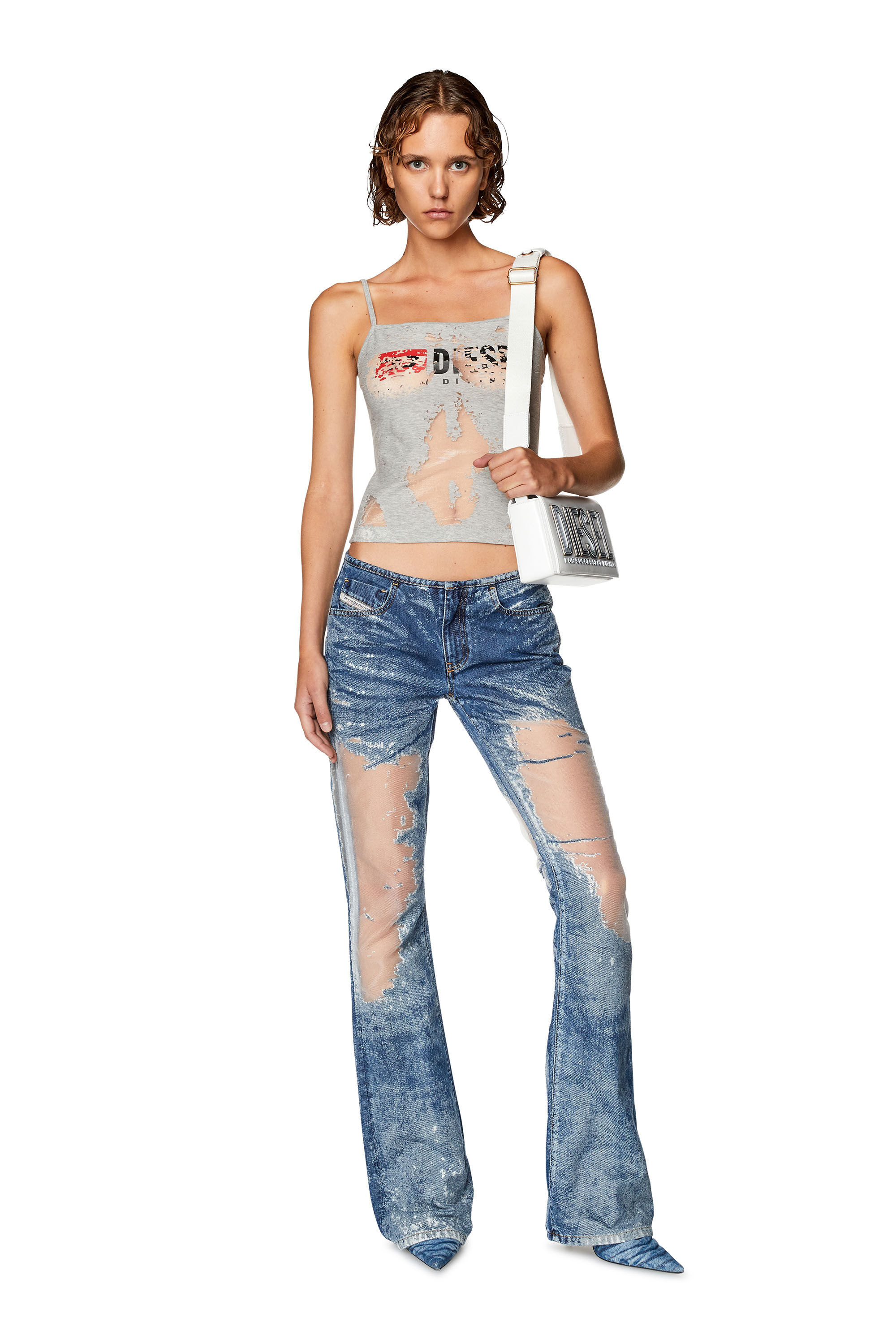 Women's Burnout cami top with sheer panels | Grey | Diesel