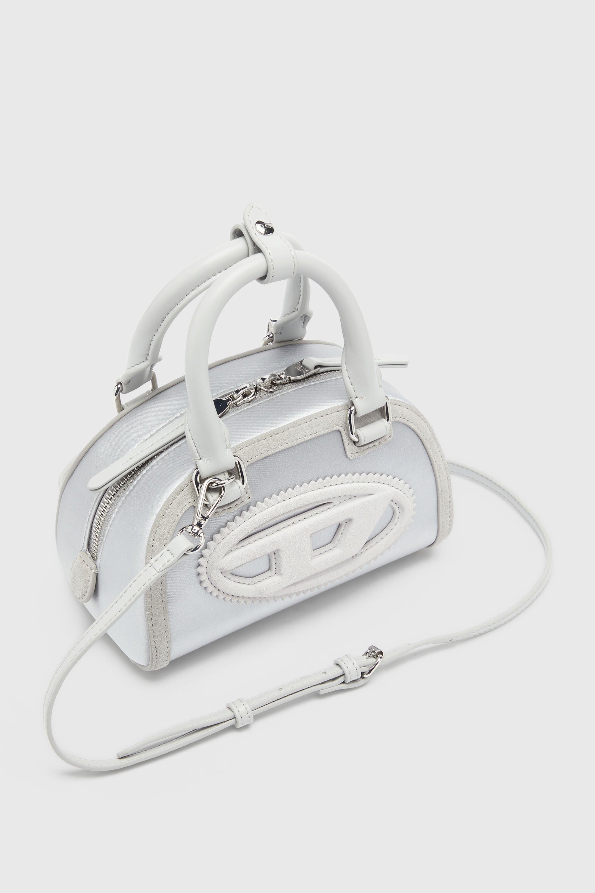 Diesel - 1DR DOME CROSSBODY, 1DR Dome - Peque&ntilde;o bolso bandolera de sat&eacute;n y ante Mujer in Plateado - 6