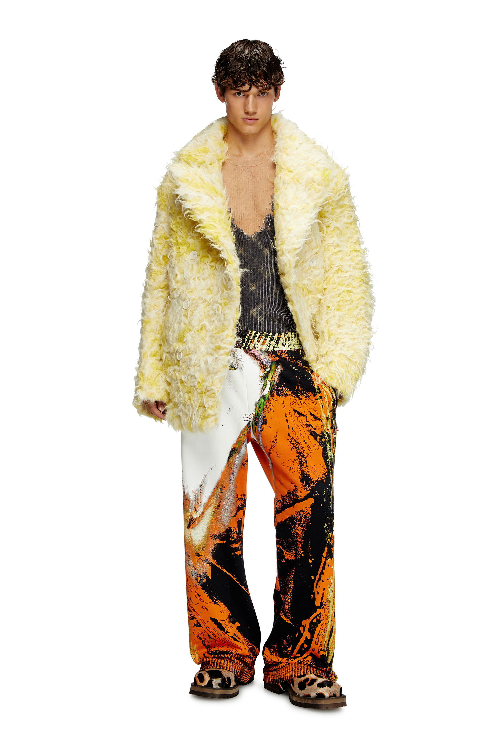 Diesel - W-MIN-SHORT, Male's Double-breasted coat in shaggy alpaca blend in Yellow - 1